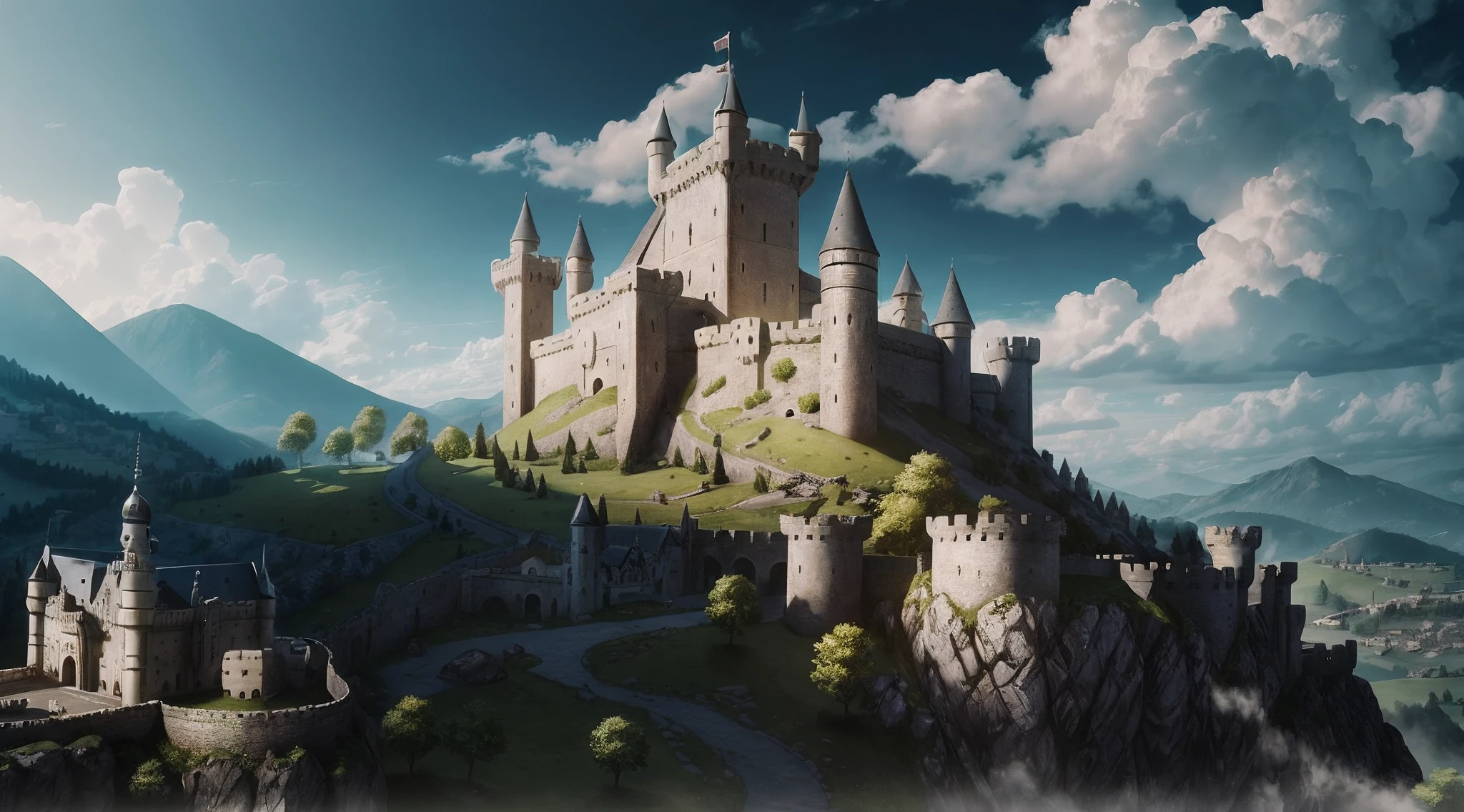 A magnificent white castle，Towering over the hills，Surrounded by walls，There are towns within the city walls，（towns）detail，Intricate castle details，rios，mountain cliff，moat，with blue sky and white clouds，medieval fantasy game art，Intricate details with high precision，Power Hero & Magic 3, Probably & Invincible magical hero，((Highly detailed detail))，4K，best qualtiy，primitive，Cinema lenses，Light yellow filter，light and shadow effect