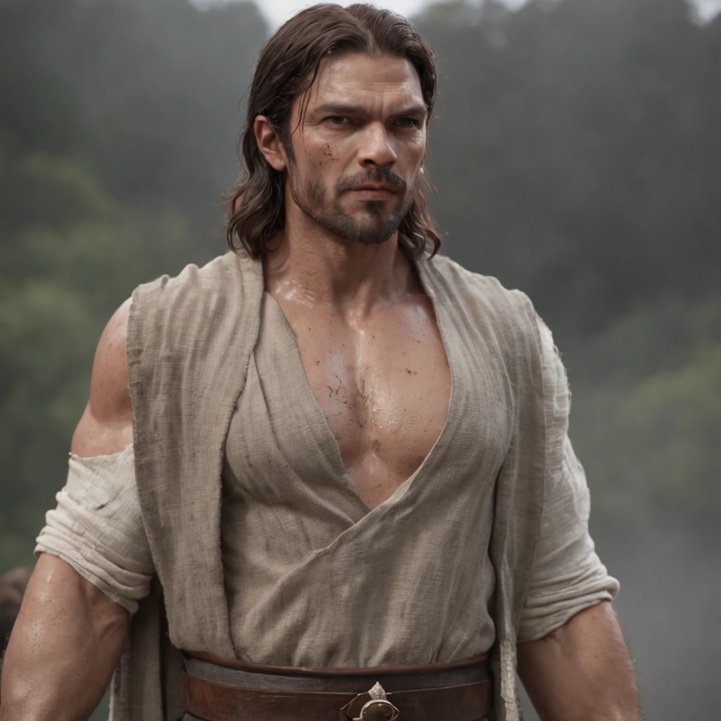 (Professional 3D rendering:1.3) de (Realistic:1.3) Foto de arte mais bonita do mundo,Features soft, bright male heroes, ((Epic hero fantasy rough muscular man wet hero angry look long hair short beard and fierce expression in dynamic pose, fantastic location, majestoso ambiente desordenado)), corpo inteiro 8k unidade render, action shot, poros da pele, very dark lighting, sombreamento pesado, circunstanciado, Rosto detalhado, (vibrante, fotogrdeia realista, Realistic, Dramatic, Escuro, foco nítido, 8k), (Old leather clothes damaged by bad weather:1.4), ((((Use peles)))), (intrincado:1.4), decadente, (altamente detalhado:1.4), pintura digital, rendering by octane, art stations, Conceito-Arte, liso, foco nítido, illustration, germe da arte, (Loish:0.23), Wlop Ilya Kuvshinov, e Greg Rutkowski e Alphonse Mucha Gracias, (global ilumination, studiolight, Light Volumetric), chuva forte, floating particles, patife, fantasia, Onze, corpo inteiroesbian, ((Fundo escuro e antigo da cidade:1.3)),CGSesociedade,art stations