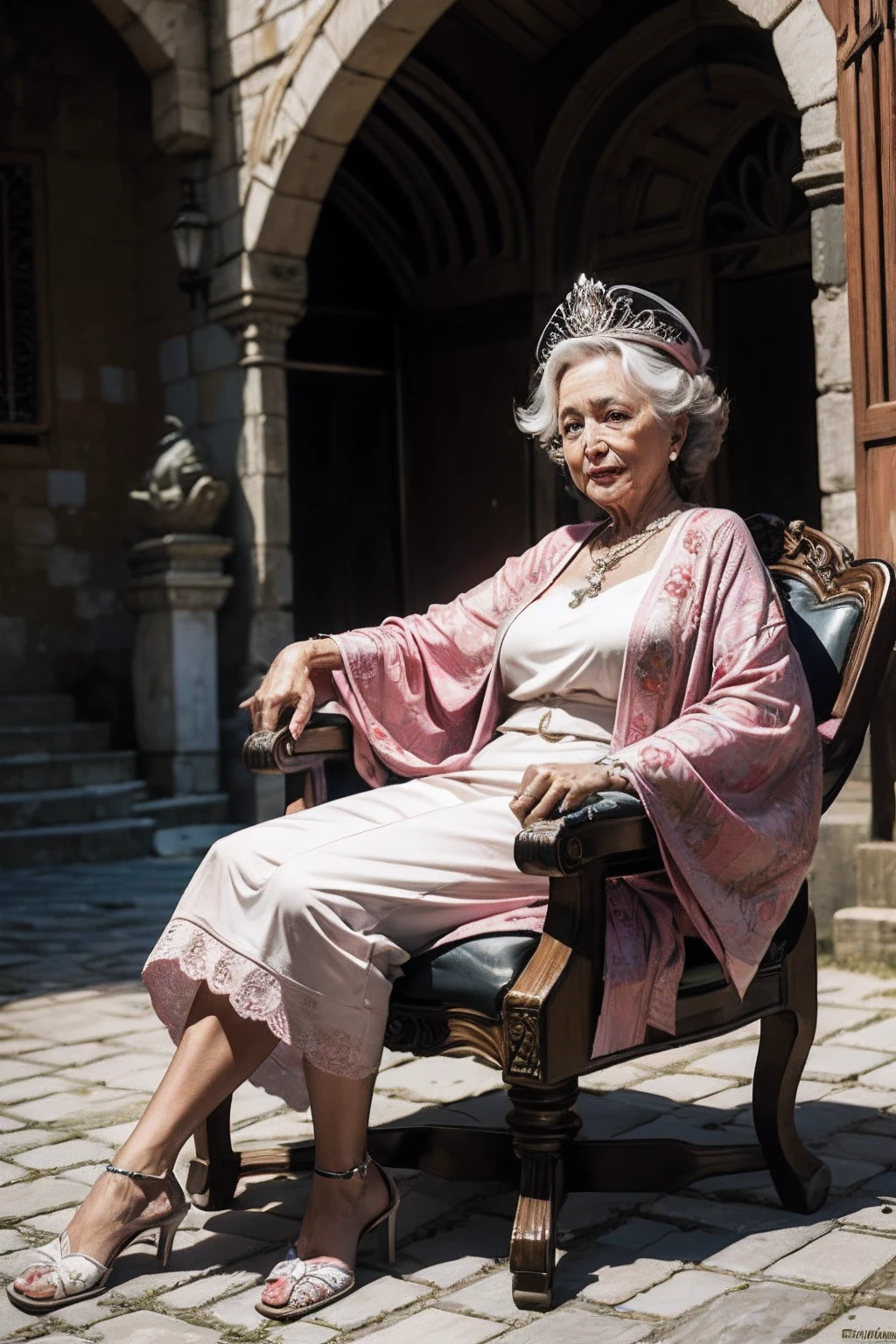 mulher velha 70 anos sentada em uma cadeira em uma sala, Assento em uma cadeira, in a comfortable chair, em uma cadeira de pedra, sentado na cadeira de designer, sentado em uma poltrona, sentado em uma poltrona, sentado em cadeira extravagante, sentado em uma cadeira, Loose -roupa de cor rosa