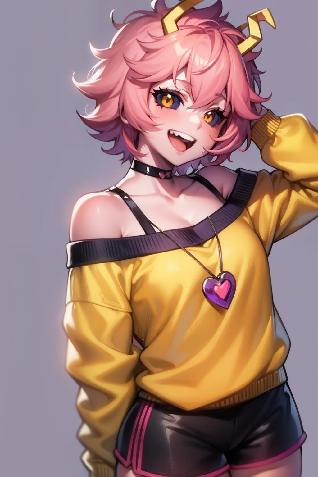 mina ashido, 1girl, solo, looking at viewer, smile, short hair, open mouth, simple background, long sleeves, white background, bare shoulders, collarbone, yellow eyes, pink hair, :d, heart, cowboy shot, horns, shorts, off shoulder, sweater, hand on hip, v, colored skin, black shorts, colored sclera, black sclera, off-shoulder sweater, pink skin, v over eye, purple sweater