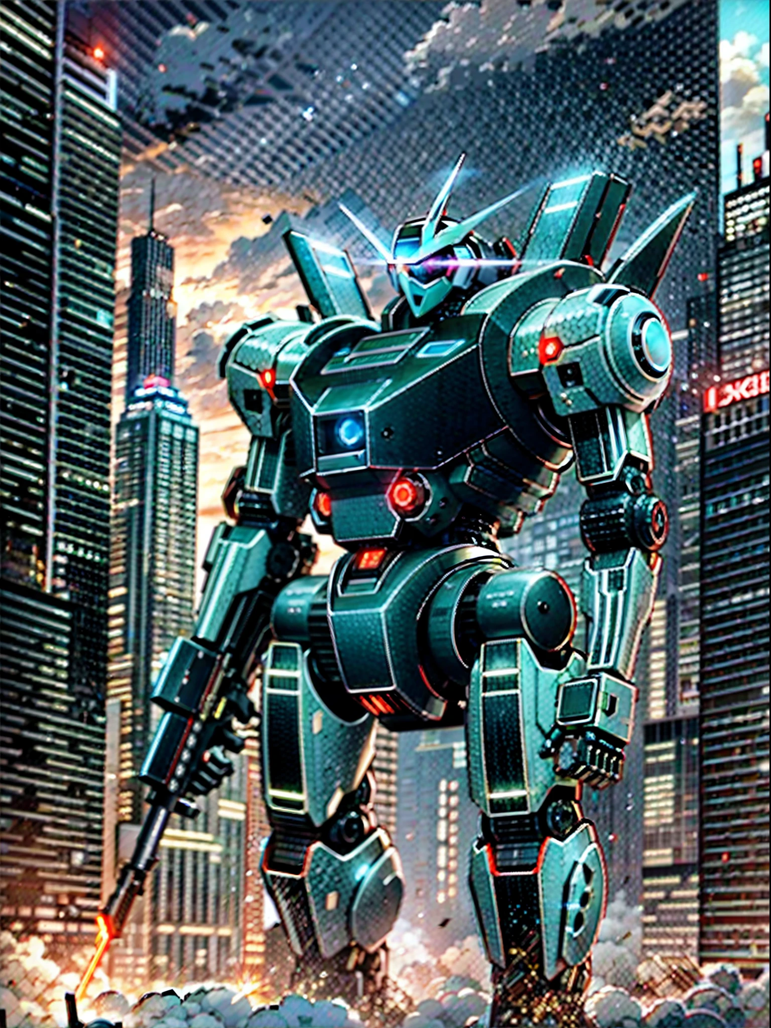 sky, cloud, holding_weapon, no_humans, glowing, , robot, building, glowing_eyes, mecha, science_fiction, city, realistic,mecha, aspect ratio 16:9