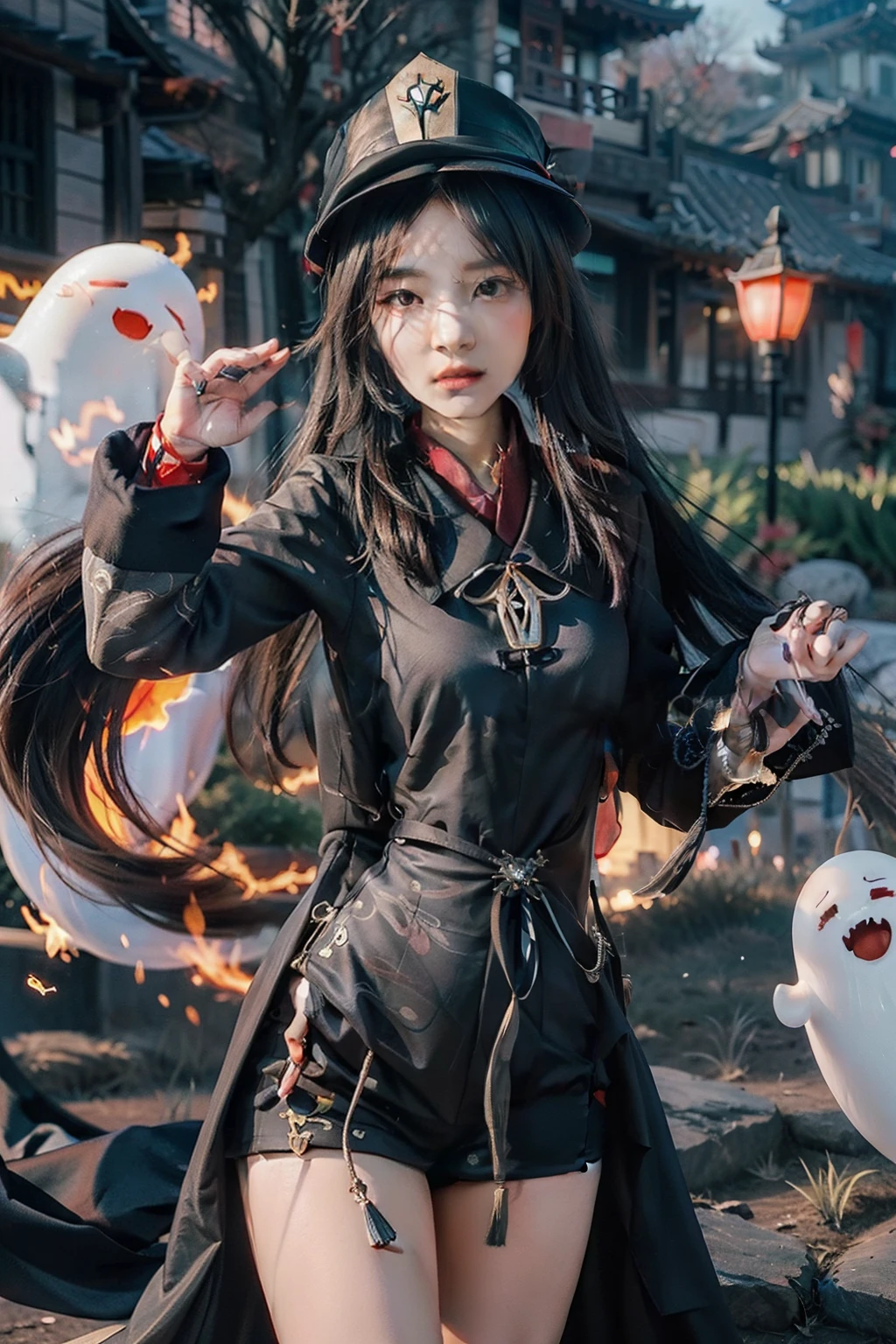 real girl with a ghost and a hat on, from hu tao, hu tao character, flirty real witch casting magic, hu tao project, demon anime girl, onmyoji, hu tao, yume nikki, hu tao genshin impact,