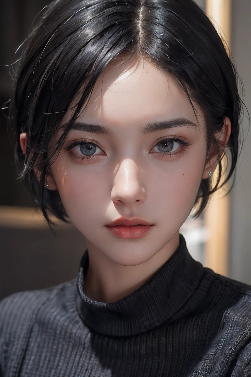 A woman with black hair and a turtle neck sweater - SeaArt AI