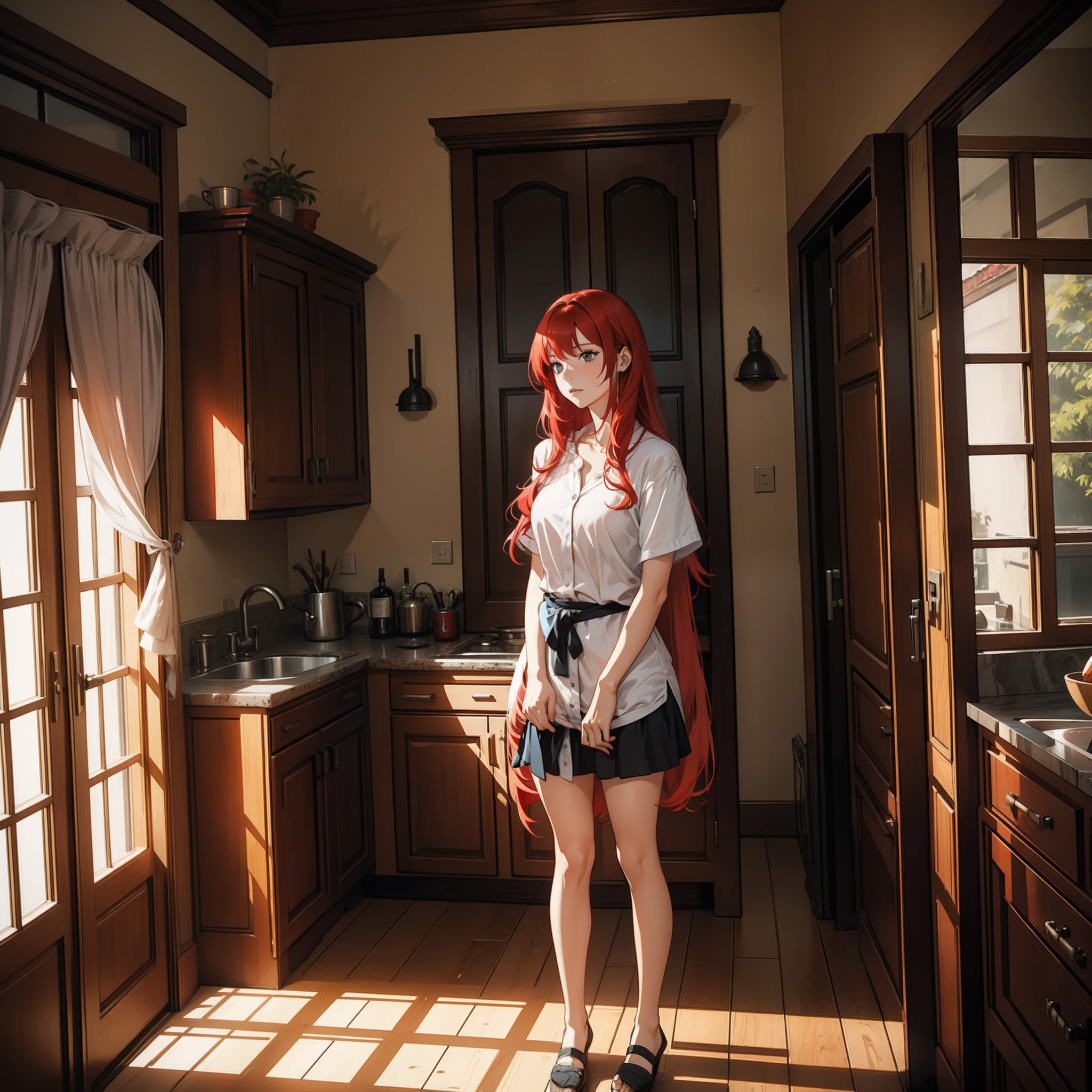 "woman with red hair in a house"