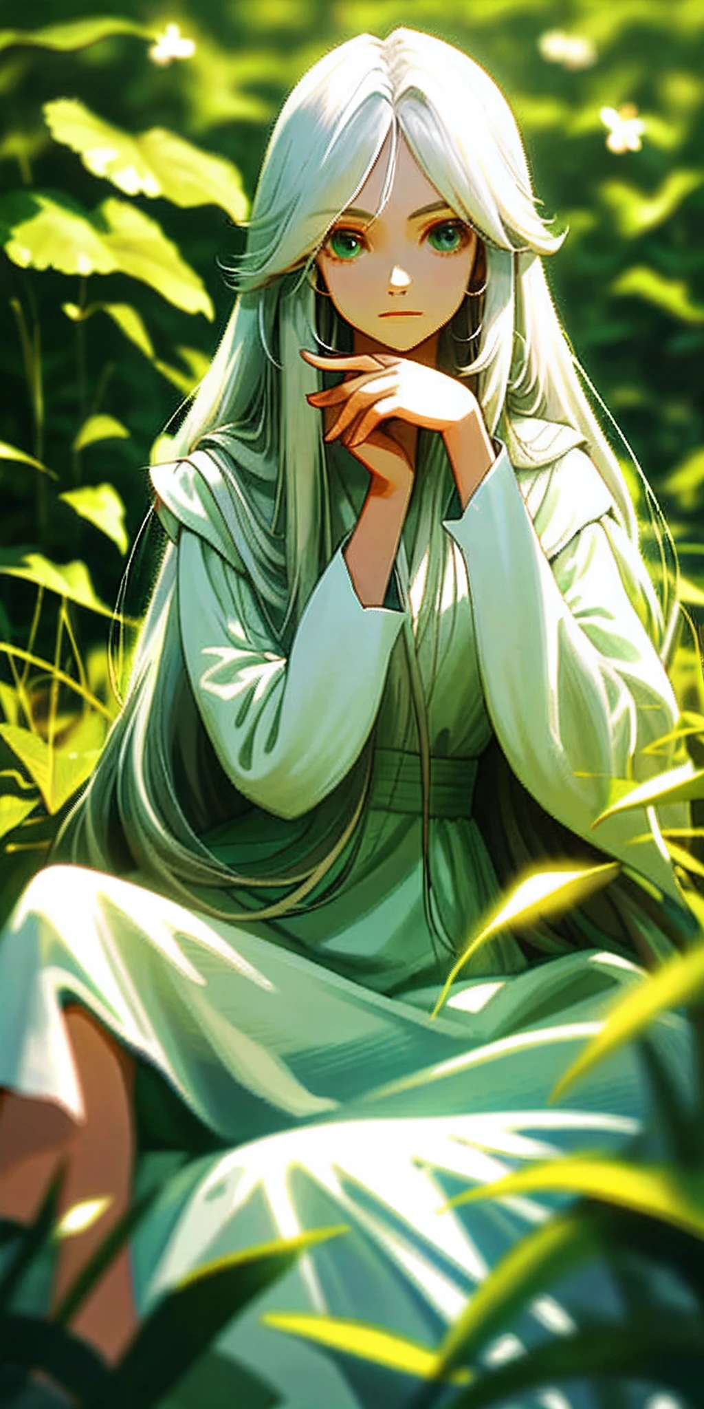 (masterpiece, best quality),1girl with long white hair sitting in a field of green plants and flowers, her hand under her chin, warm lighting, white dress, blurry foreground