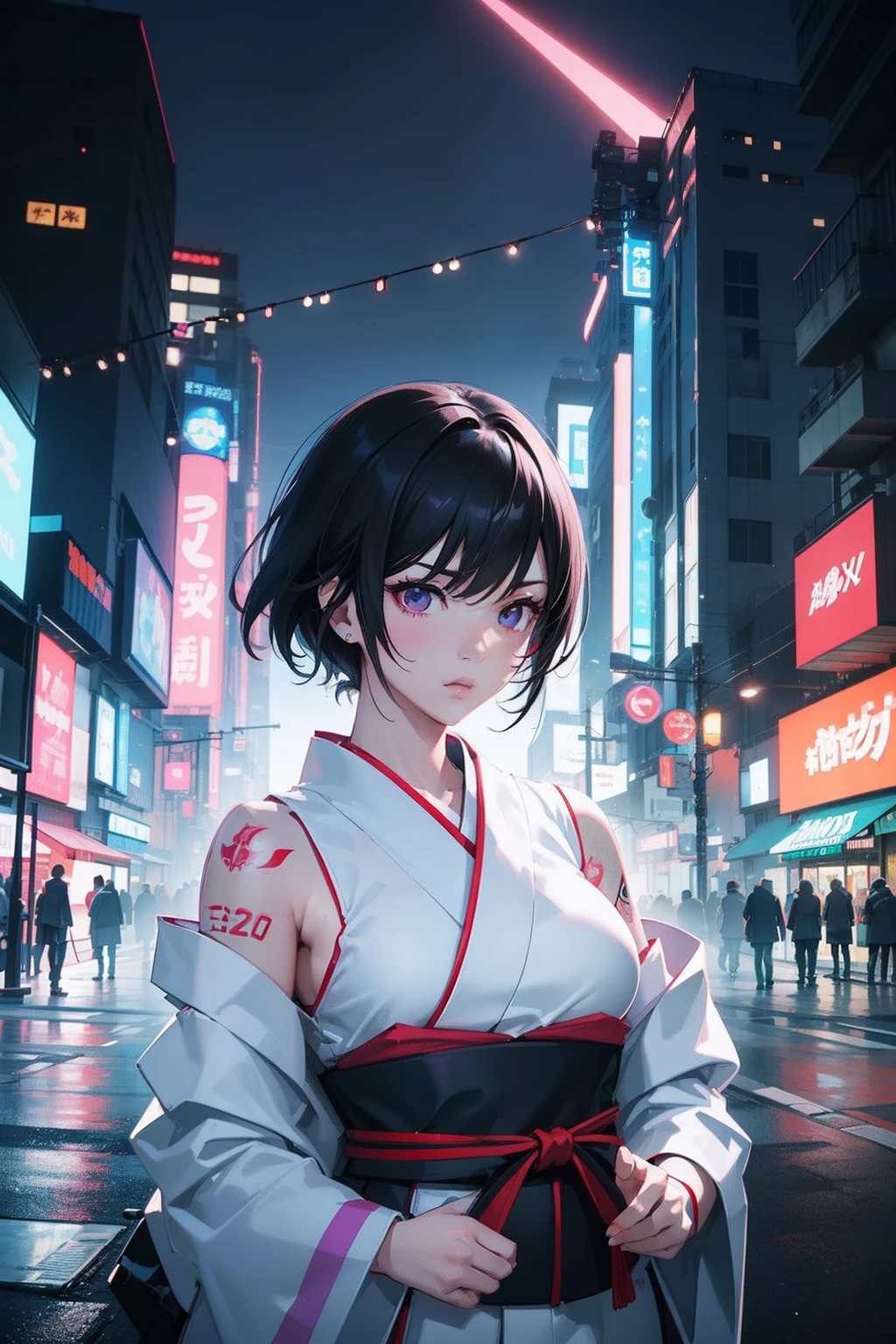 perfect artwork of Nozomi Sasaki, short black hair, white open kimono, fully body tattoos, serious face, in action cinema pose looking in camera. 3D vector art. trending composition. vibrant side lighting, centered in a vibrant, technicolor cyberpunk detailed city landscape. night neon lighting. masterpiece, best quality, layered lighting