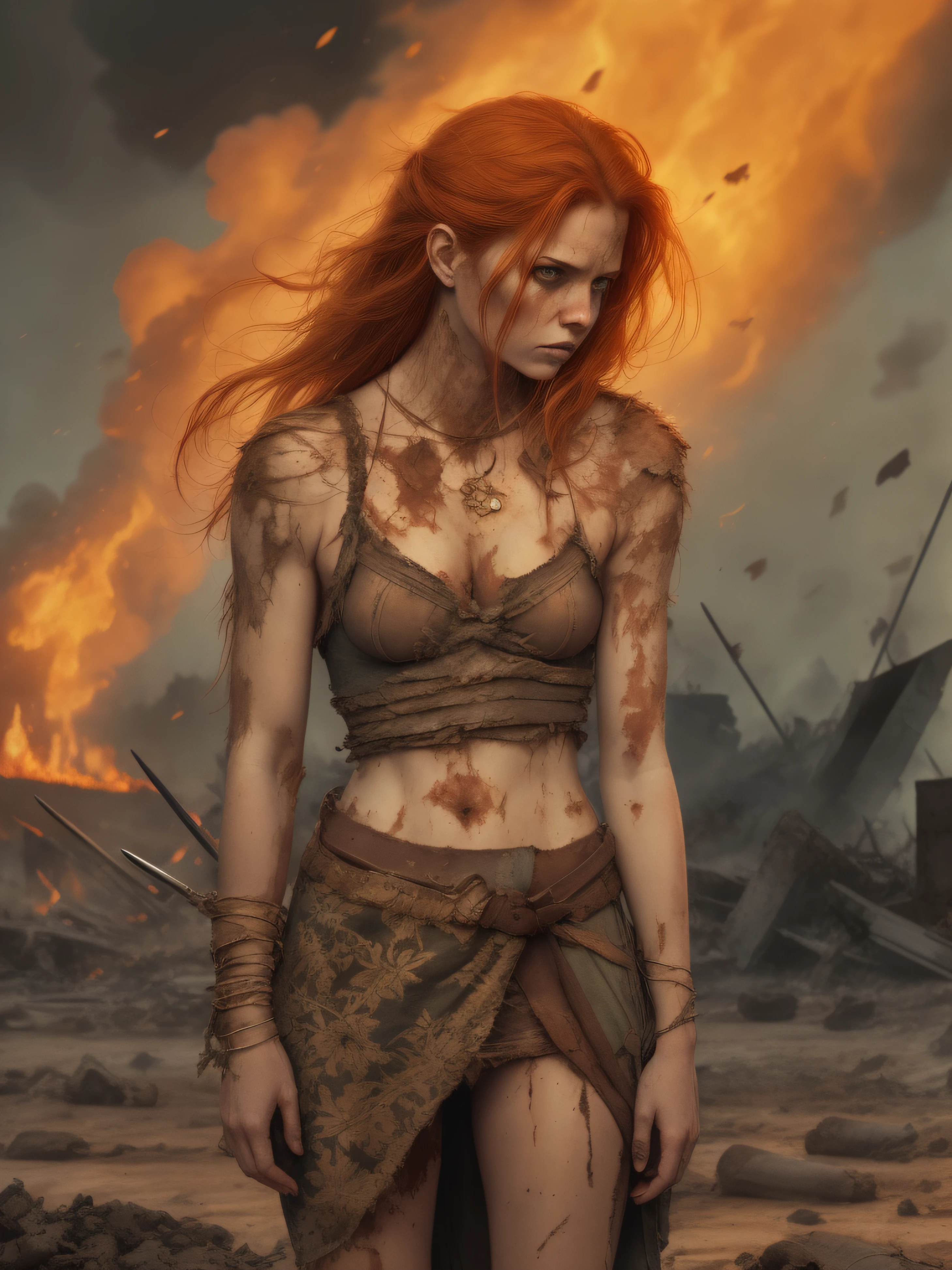 detailed illustration of a ginger female wearing heavily damaged loincloth, standing sad on a battlefield, the battlefield on fire as background, dirt, misery, and decadence, dark ambient, art by Mschiffer, tetradic colors