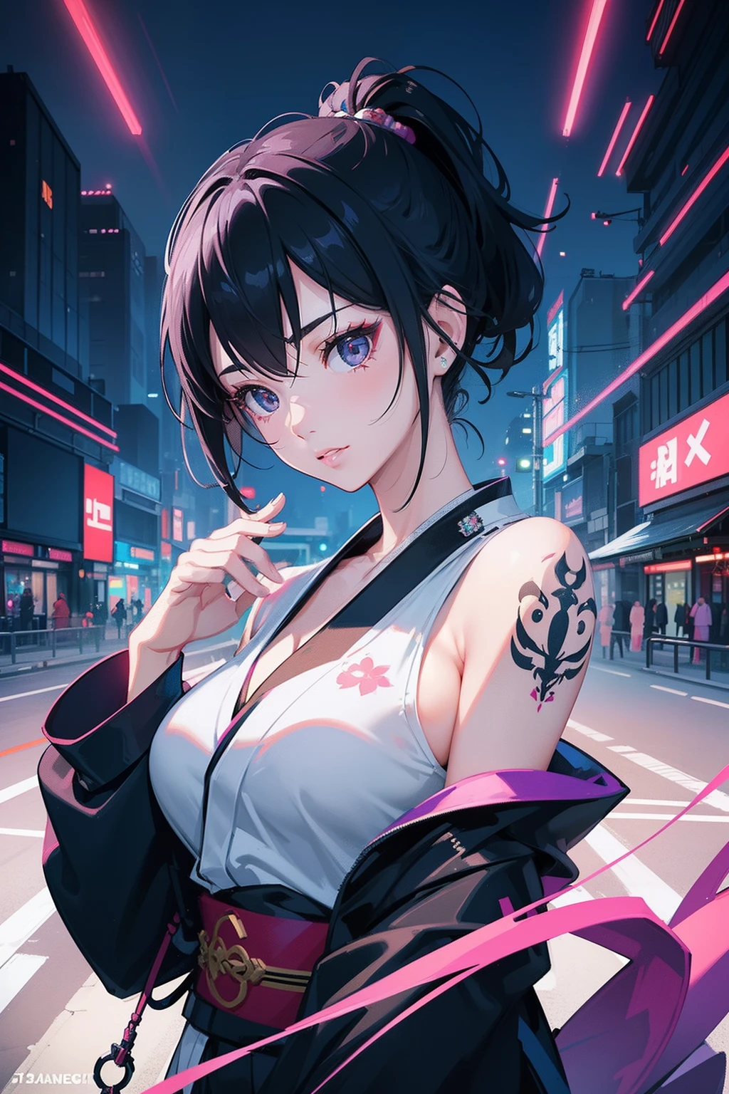 perfect artwork of Nozomi Sasaki, short black hair, white open kimono, fully body tattoos, serious face, in action cinema pose looking in camera. 3D vector art. trending composition. vibrant side lighting, centered in a vibrant, technicolor cyberpunk detailed city landscape. night neon lighting. masterpiece, best quality, layered lighting