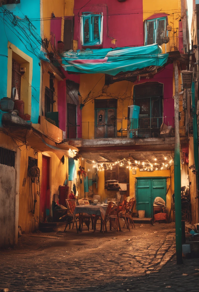 crie uma imagem de um grande lanche sobre uma rocha com um fundo de casas antigas, quero que esse lanche tenha uma sobra sobre ele