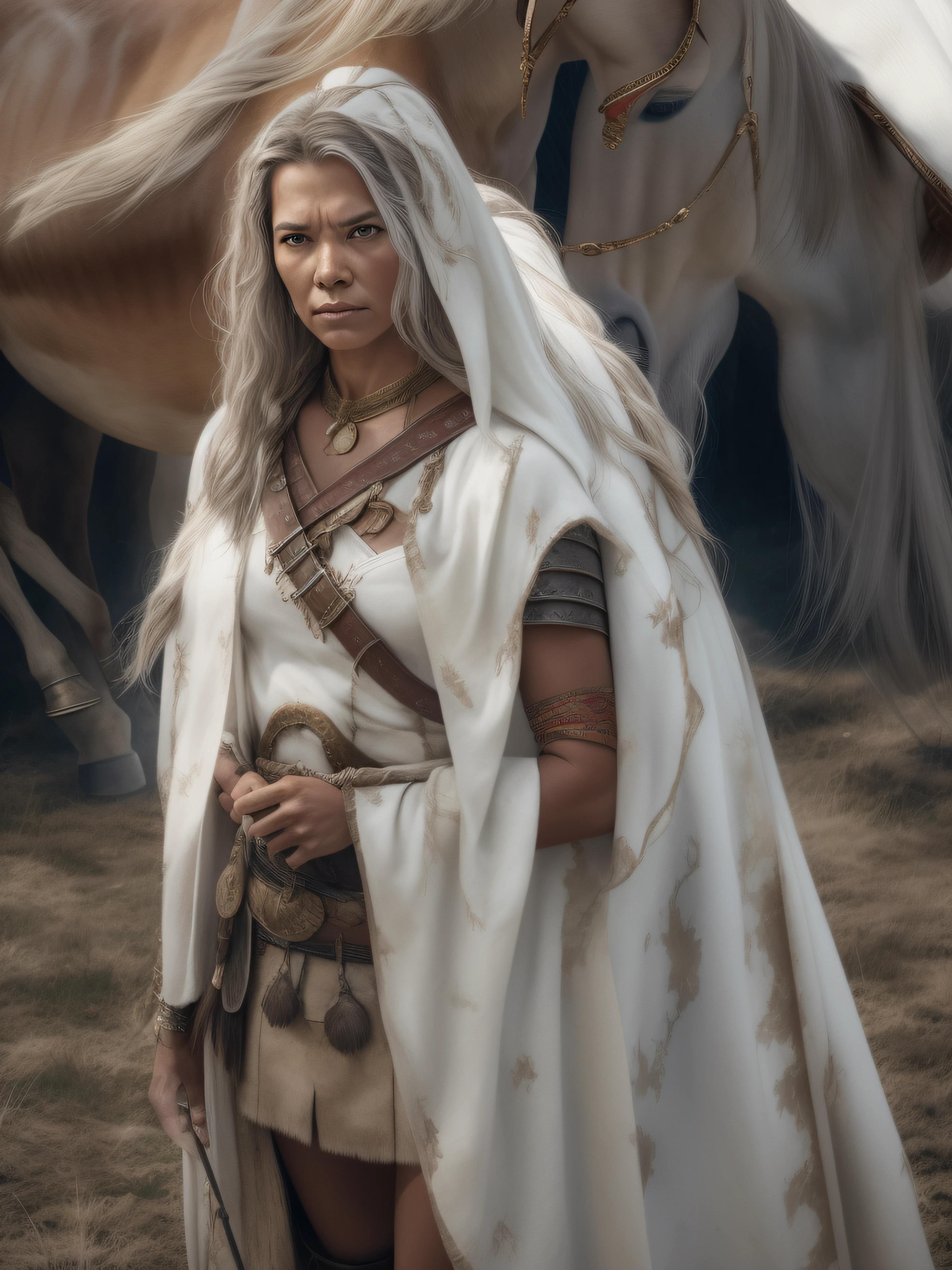 Portrait of a warrior woman standing in front of her white horse, dressed in a loincloth, photo-realistic, post-apocalypse.
