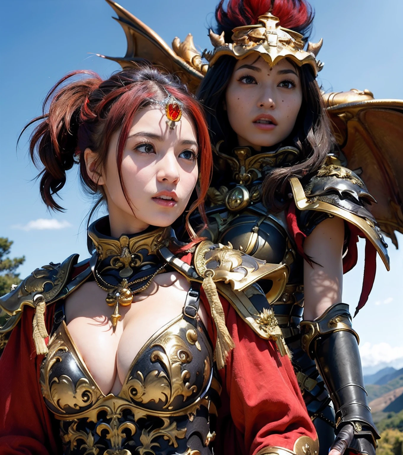 Professional , ​masterpiece、top-quality、photos realistic , depth of fields （Dragon Black Metal Body:1.９),(Matte Black、（cleavage of the breast）、（Fight dragons）、（Shout with your mouth wide open）、Dragon Gold Weapon、（bikini-armor),Gorgeous gold weapons ,（（ Dragon's dense and gorgeous sword）） 、（（Red hair））、（Cliff background）、The dragon、（（Gangle's forest background））、Beautiful Caucasian beauty、（１a person）、dynamic ungle,(((Detailed and ornate dragon helmet)))、Smaller head、Strange smile、Castle background、Thin and beautiful female hands、cleavage of the breast、Soldier in iron armor on background、Mystical expression、Light Effects、intense fighting、Wind-effect、magic circles、With the legendary magic wand、（demonic wings）、