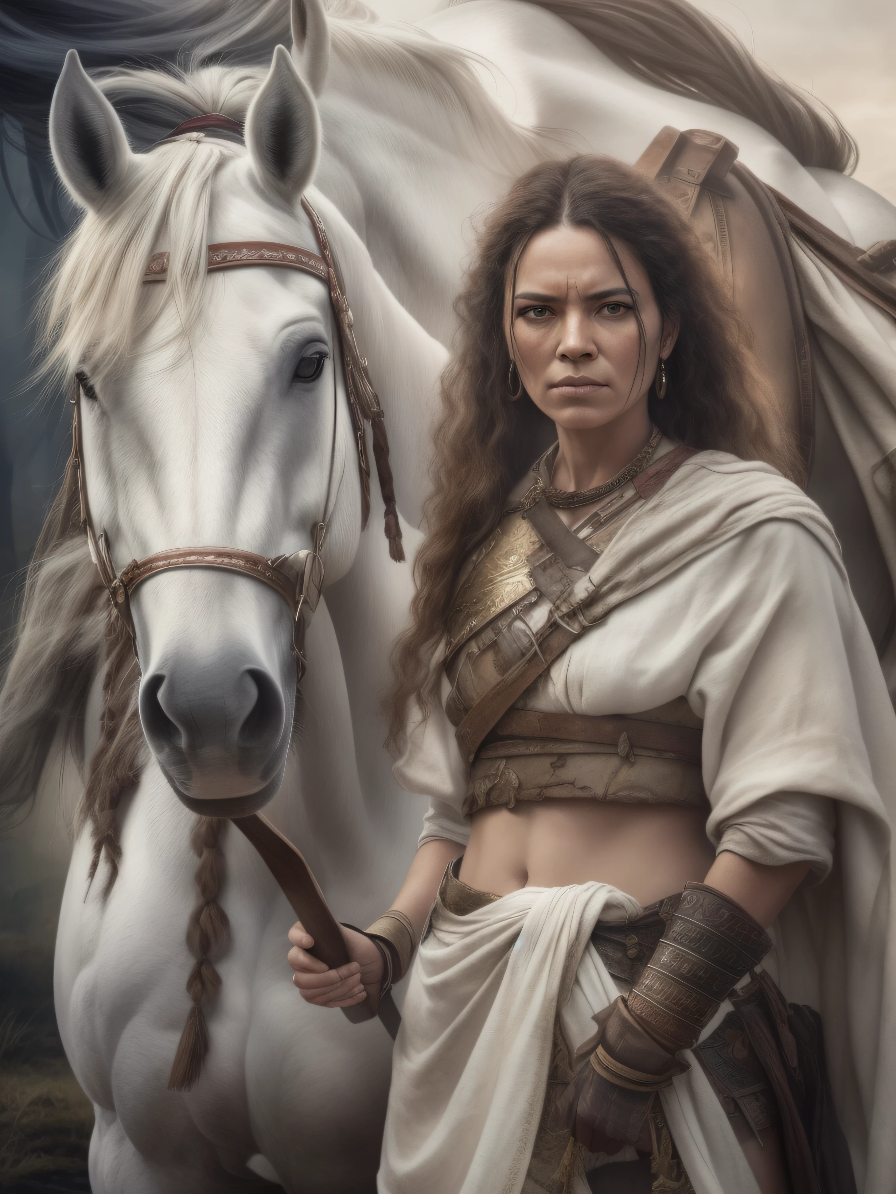 Portrait of a warrior woman standing in front of her white horse, dressed in a loincloth, photo-realistic, post-apocalypse.