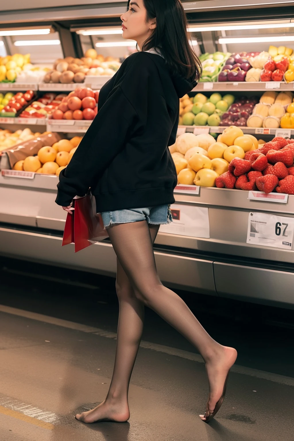 Show entire body, feet in view, profile view, 1girl, shopping, legs bent, oversized sweatshirt, pantyhose, no shoes, grocery store