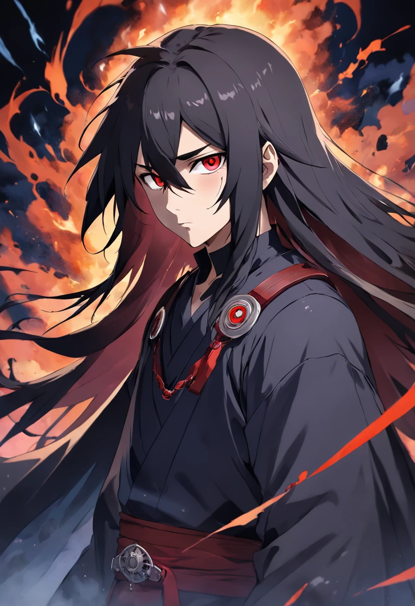 (Master parts, Best quality, high resolution,granulated:1.2), 
sunder (Uchiha Itachi:1.3), Long hair,Forehead shield, ninjartist, cloaks, High laryngeal, jewely, choker necklace,brunette color hair ,Redness of the eyes , macho, First grade, Black smoke came around, Covered in black smoke, eye disease,
Break the crow, Turn into a crow
