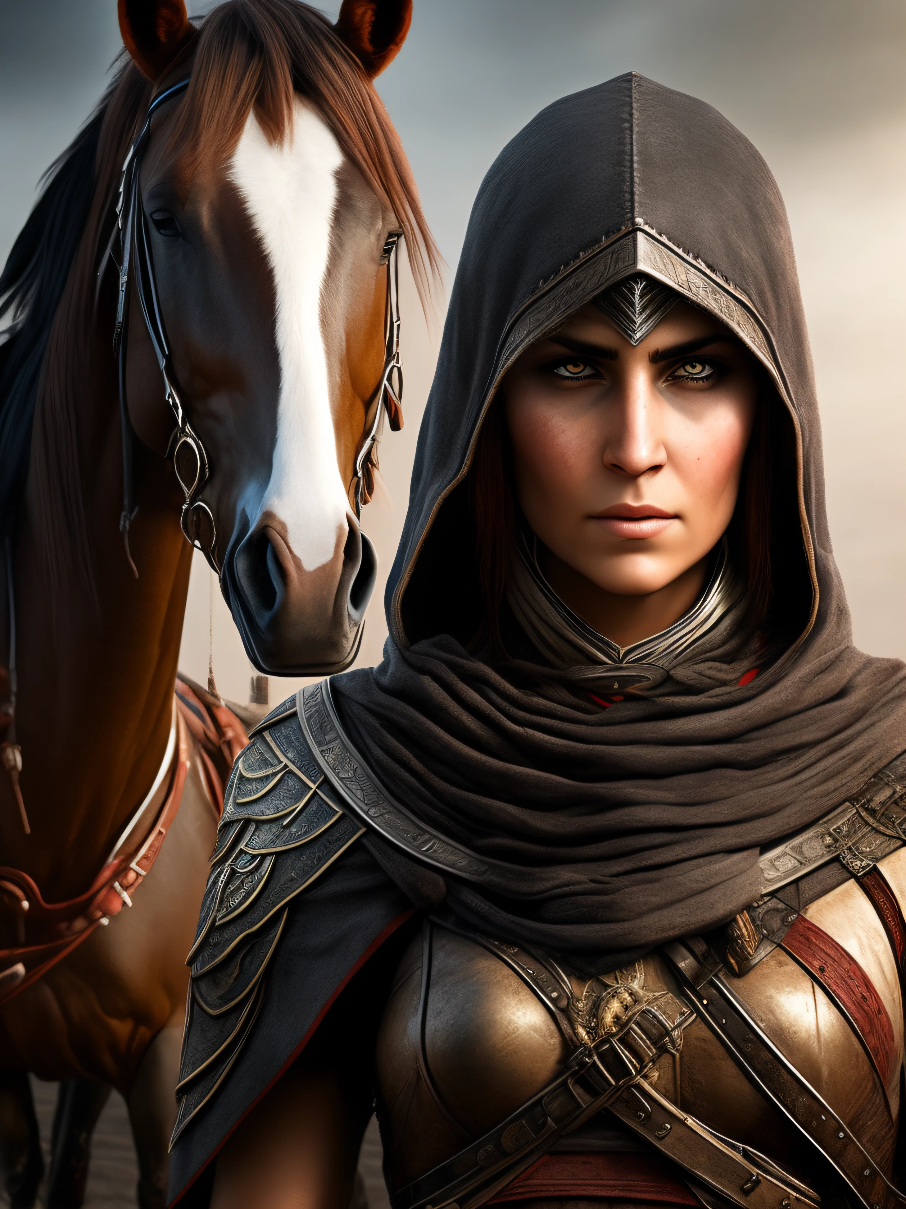 Portrait of a warrior woman standing in front of the horse, Assassin's Creed game, photo-realistic, post-apocalypse
