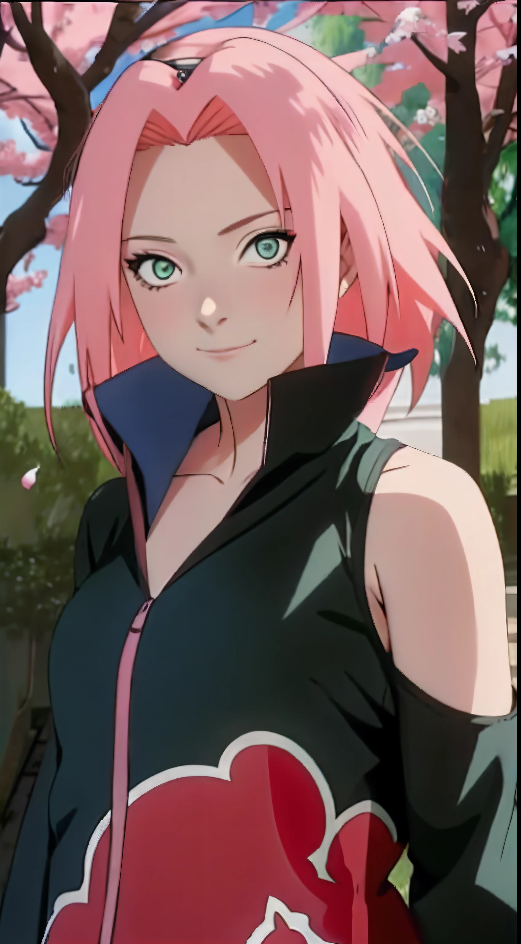 tmasterpiece， Best quality at best， 1girll， Sakura Haruno， Large breasts，Off-the-shoulder attire，（cleavage)，（upperbody closeup)，Raised sexy，is shy，ssmile，with pink hair， long whitr hair， （Green eyeballs:1.4)， Forehead protection， the cherry trees，Cherry blossoms flying，Red clothes，Zipper half