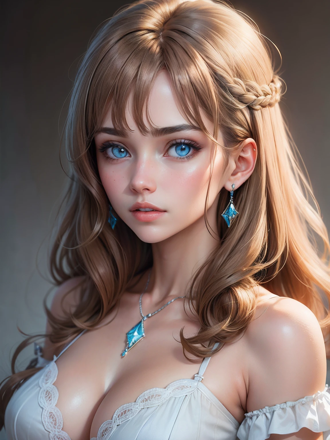 light brown hair, intense crystal light blue eyes, no earrings