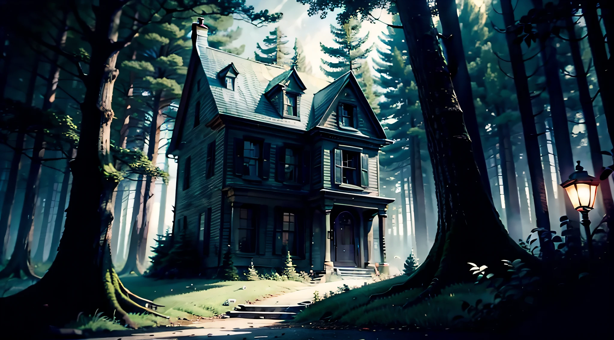 HAUNTED HOUSE, IN THE FOREST AND WITH BIG MOON, HORROR IMAGE AND SUSPENSE, IMAGE REALISTIC, HIGH DEFINITION