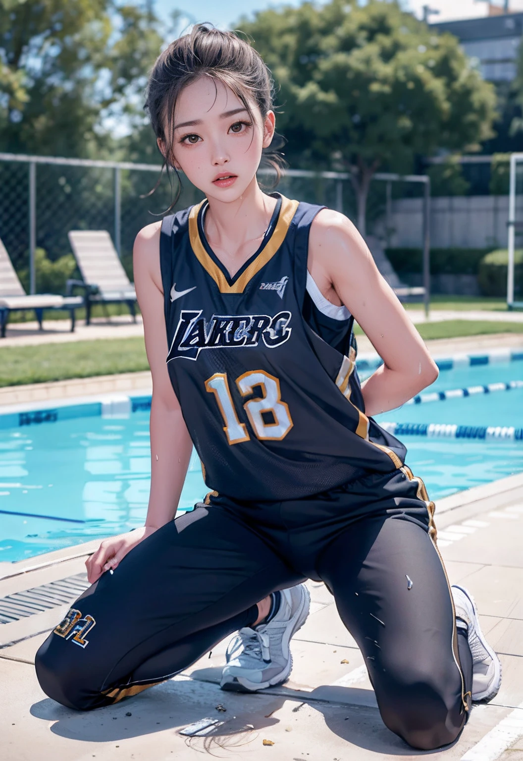 (8K, RAW photos, best qualtiy, tmasterpiece:1.2), (realisticlying, photograph realistic:1.4), illustratio, A high resolution,hexagons,(1girll), rugged skin, (Oval shaped face:1.1), profesional lighting, photon maping, Radio City, physically-based renderingt, adolable,
wear basketball uniform,Bigchest,(),at basketball court,Nervously bow your head,is shy,embarressed,exhilarated,is shocked,panicking,worry,A pool of urine formed around her,Very eager to pee,Unbearable,Wet yourself,Urine discharge,full bodyesbian,kneels on the ground,Tired,decadent,pissing,urine flows down the pants,look from down,Full body photo