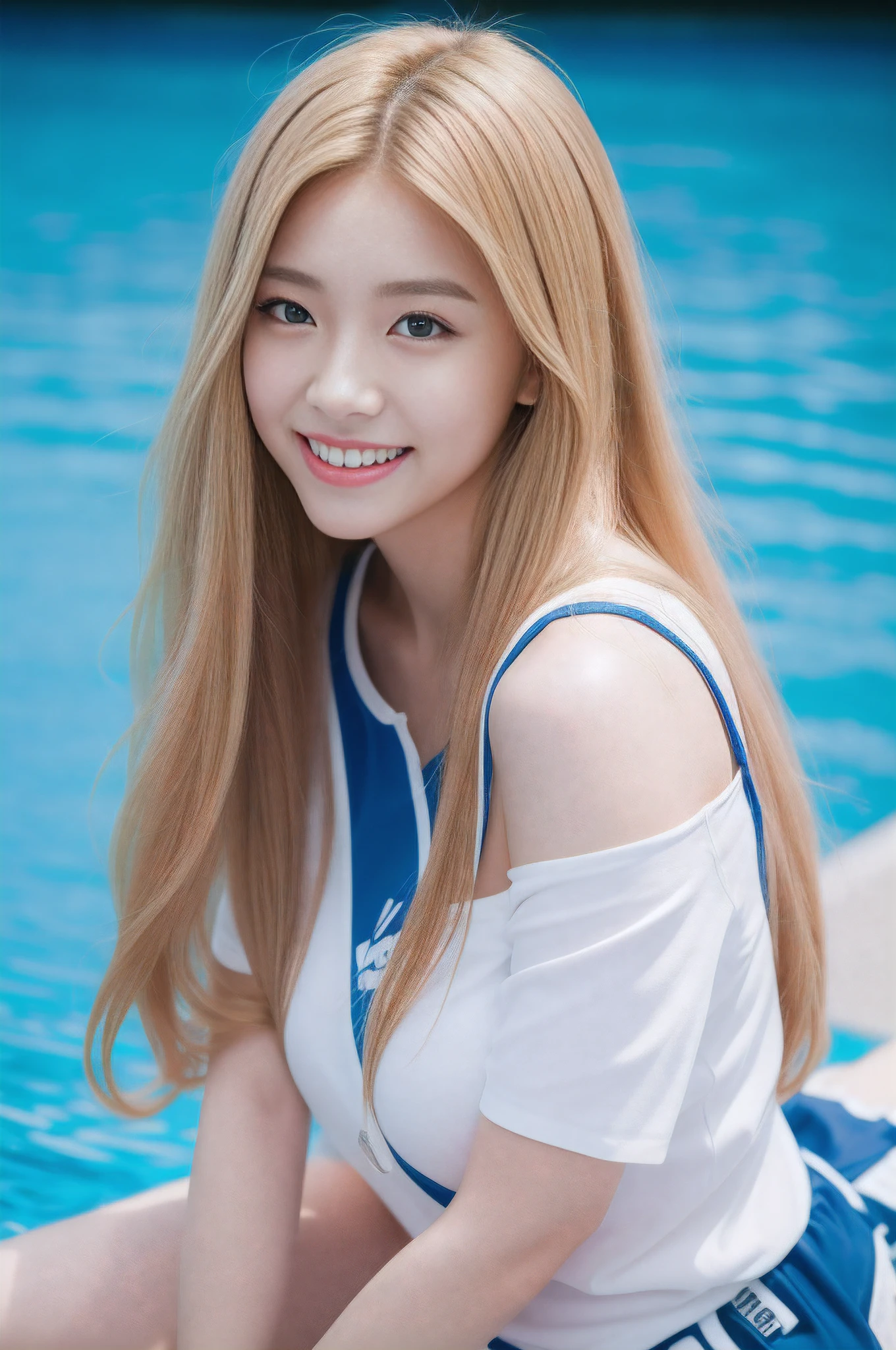 Korea person、long hair、a blond、Cat face、dual、At the tip of the nose、Chunky lips、Tall、Colossal tits、Dancing in the schoolyard、full body Esbian、4K high image quality、popular person、perspiring、A sexy、Slimed、A smile、shot with Nikon Z9、poneyTail、Plump、swim wears、swimming pools、Eau、Mare、full bodyesbian、