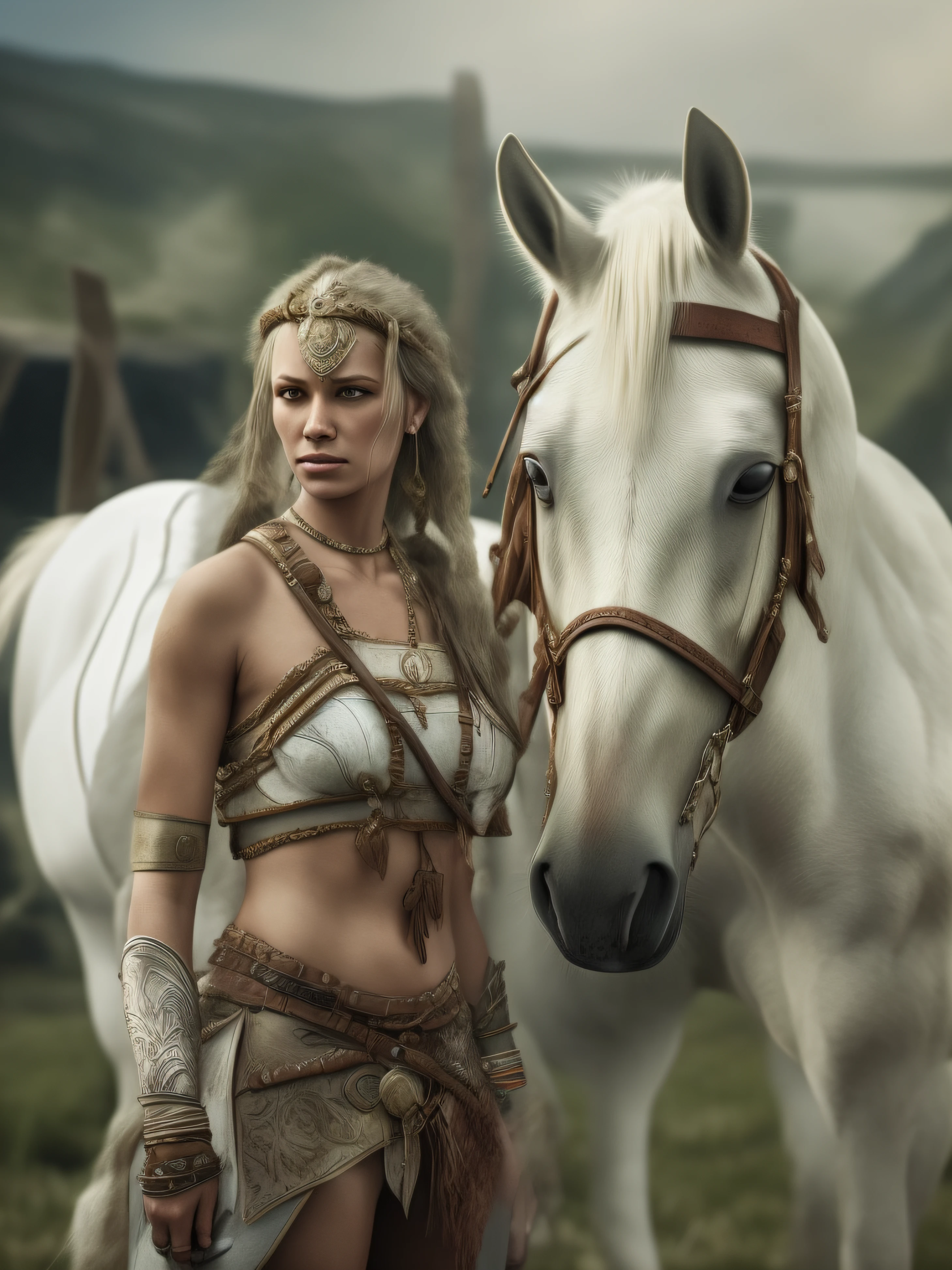 Portrait of a warrior woman standing in front of her white horse, dressed in a loincloth, photo-realistic, post-apocalypse.