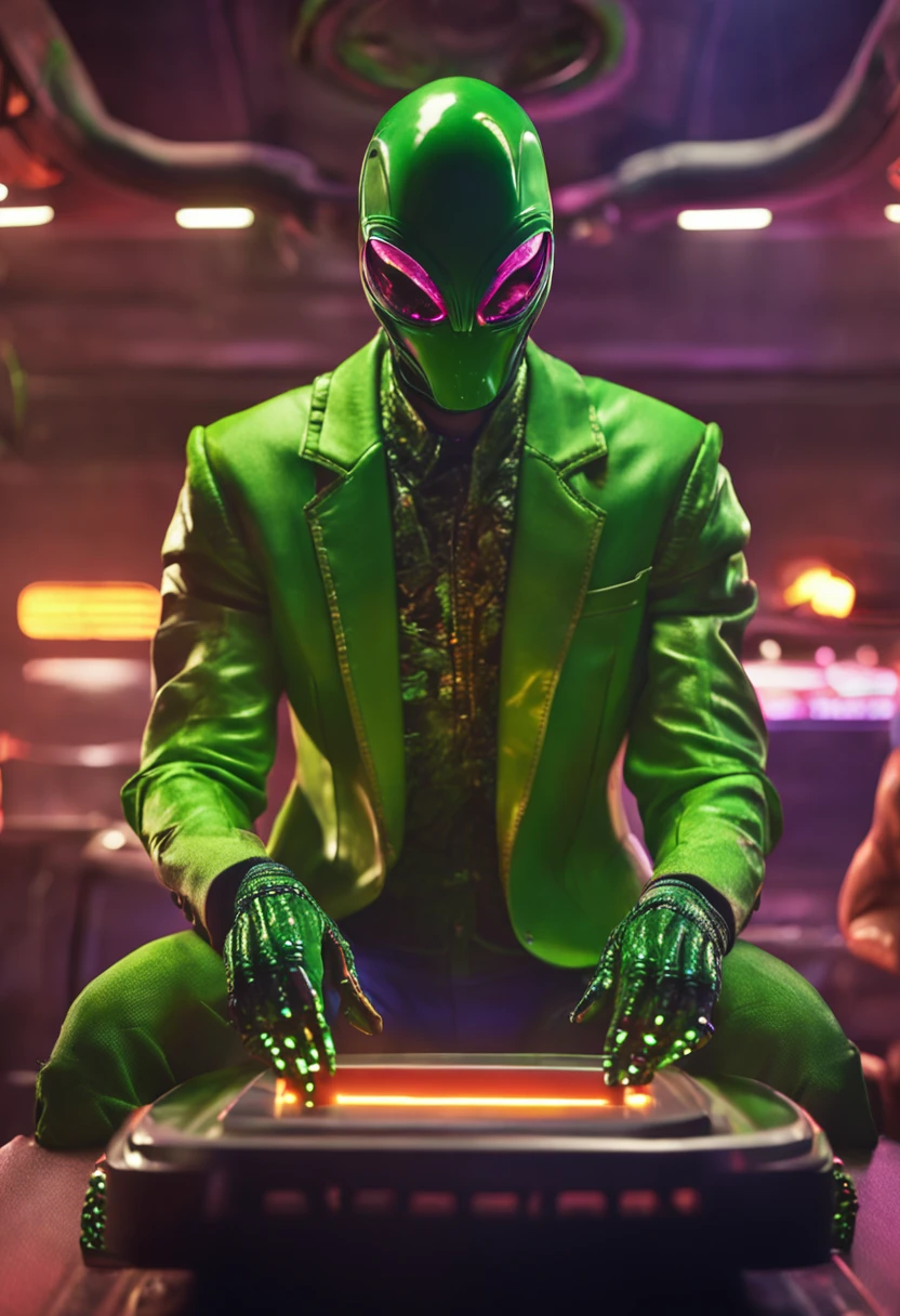 a man in a green alien suit sitting at a table