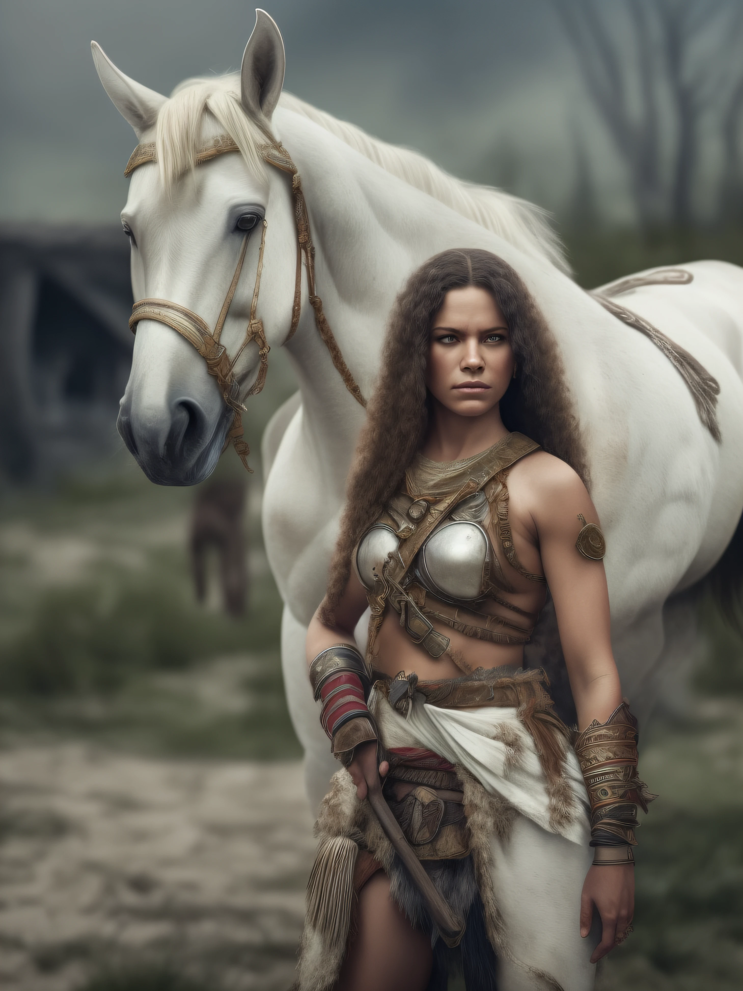 Masterpiece, a beautiful Viking woman, ((Marilyn Monroe:Michelle Pfeiffer:0.5)), (high detail plunging Celtic gown), (small breasts), (perfect body), (red matted hair), (short hairstyle), outside, (skin texture:1.1), best quality, ultra high res, Raw photo, Nikon D850, backlight, rimlight, bright sunlight, film grain:1.2, (warm hue, warm tone:1.2), (color photo), fantasy Viking village background, in the style of Boris Vallejo, flock of sheep