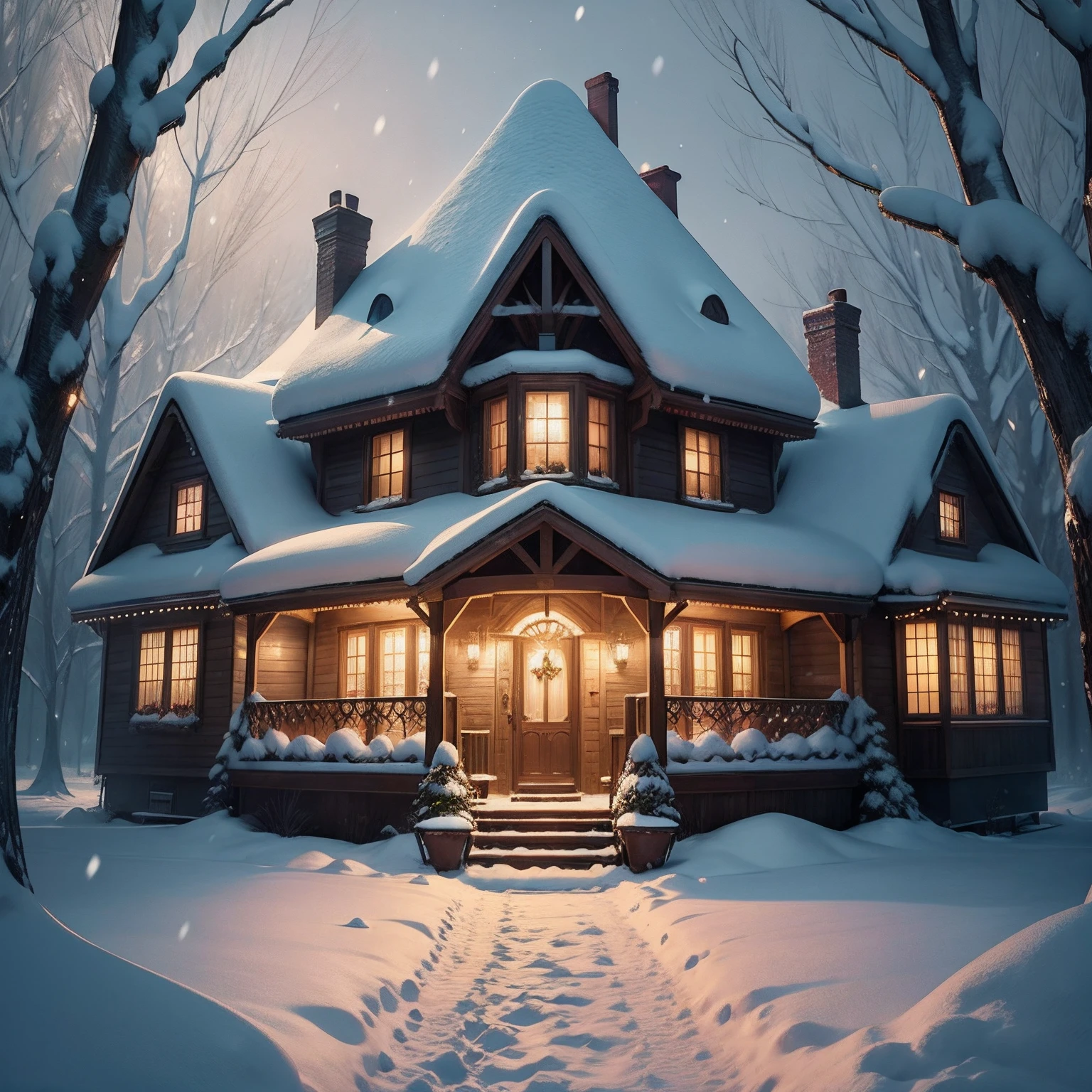 A house full of light in magical at a night of snowing, feel of happy Christmas, fantasy, fairies, wallpaper, printable, 8k --auto