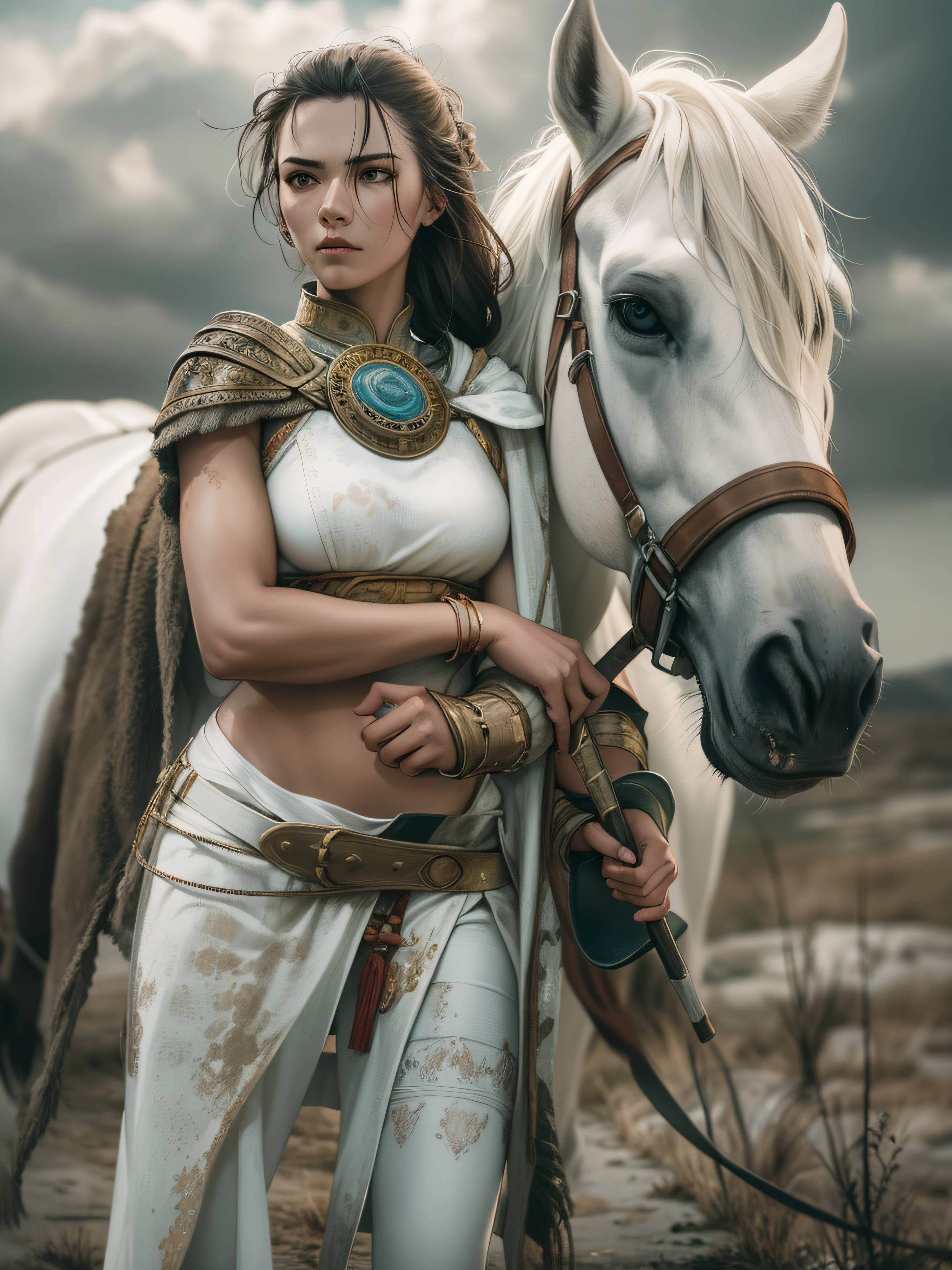 Portrait of a warrior woman standing in front of her white horse, dressed in a loincloth, photo-realistic, post-apocalypse.