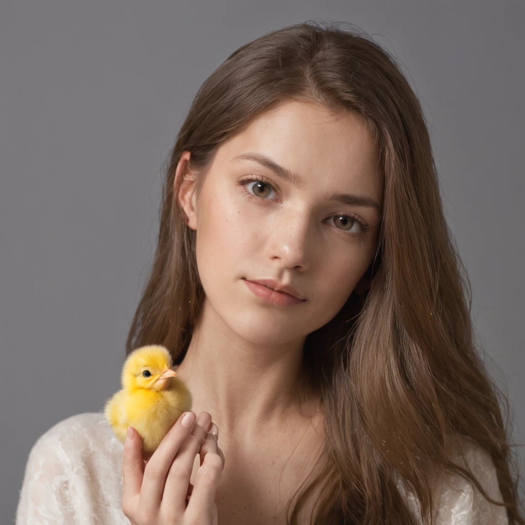 Por favor, crie uma imagem que retrate uma cena dentro de um quarto bem iluminado, where a young woman of 20 years is gently holding a small yellow chick in her hand. The image should be of ultra-high quality (8k) para capturar todos os detalhes e ser uma verdadeira obra-prima (1.2 of artistic quality). The representation should be realistic and photo-realistic (1.37) para dar vida aos elementos, enfatizando o tamanho pequeno e a cor amarela vibrante do pintinho. I want the image to be ultra-detailed to highlight each feature.
Na cena, The young woman will be standing in the room, with a sad look on his face as he holds the adorable yellow chick in his hand. The soft and diffuse lighting in the room will enhance both the woman and the chick. I would like the atmosphere to convey a sense of tranquility and reflection, ressaltando o contraste entre a tristeza da jovem mulher e a vivacidade do pintinho.
The young woman will have a realistic representation, with detailed facial features that express their sadness. Your eyes will be expressive, conveying the emotion she's feeling as she holds the little chick. She will wear comfortable clothes suitable for the home environment. Your hair will be short and stylized in a subtle way. The representation of the young woman will be full-body, emphasizing every detail in a natural and artistic way."