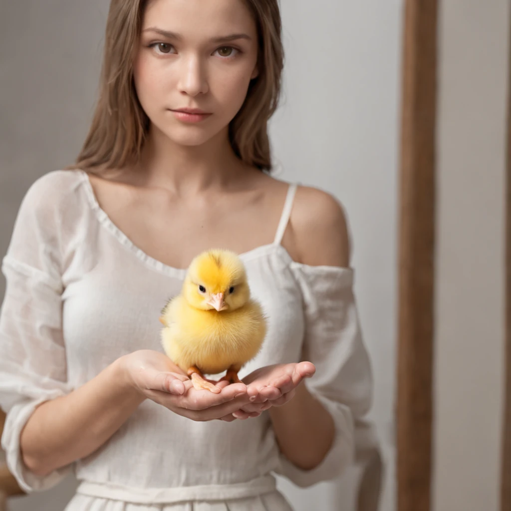 Por favor, crie uma imagem que retrate uma cena dentro de um quarto bem iluminado, where a young woman of 20 years is gently holding a small yellow chick in her hand. The image should be of ultra-high quality (8k) para capturar todos os detalhes e ser uma verdadeira obra-prima (1.2 of artistic quality). The representation should be realistic and photo-realistic (1.37) para dar vida aos elementos, enfatizando o tamanho pequeno e a cor amarela vibrante do pintinho. I want the image to be ultra-detailed to highlight each feature.
Na cena, The young woman will be standing in the room, with a sad look on his face as he holds the adorable yellow chick in his hand. The soft and diffuse lighting in the room will enhance both the woman and the chick. I would like the atmosphere to convey a sense of tranquility and reflection, ressaltando o contraste entre a tristeza da jovem mulher e a vivacidade do pintinho.
The young woman will have a realistic representation, with detailed facial features that express their sadness. Your eyes will be expressive, conveying the emotion she's feeling as she holds the little chick. She will wear comfortable clothes suitable for the home environment. Your hair will be short and stylized in a subtle way. The representation of the young woman will be full-body, emphasizing every detail in a natural and artistic way."