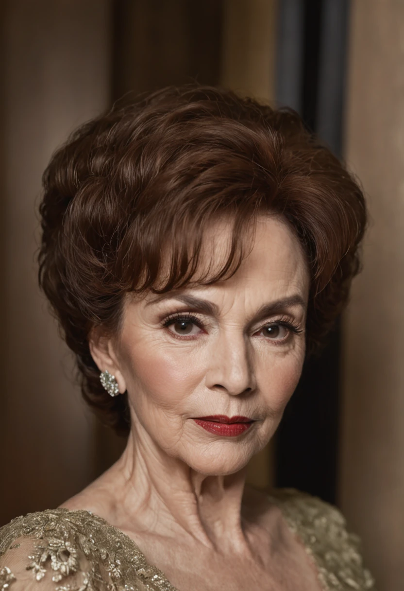 ((rear view Jane Kaczmarek aged 68, linda, (90s style, the haircut is layered and with curtain bangs over the eyes), sensual and seductive, she is standing next to a fireplace, wearing a thin pink silk dress, with a seductive and attractive look of curled eyelashes, sensual mouth with red lipstick, symmetrical face, perfectbody, 苗条, skin depth, delicate and highly detailed face)), using the best shadow and lighting techniques, to create a mesmerizing portrait that transcends the visual, ultra-realistic image, perfect symmetry, vibrant and clear, dynamic view, high level of detail and definition, 1200 PPI – Photographic resolution with greater color realism, hyperrealisti, high fidelity, cinematic, 8K UHD image resolution.