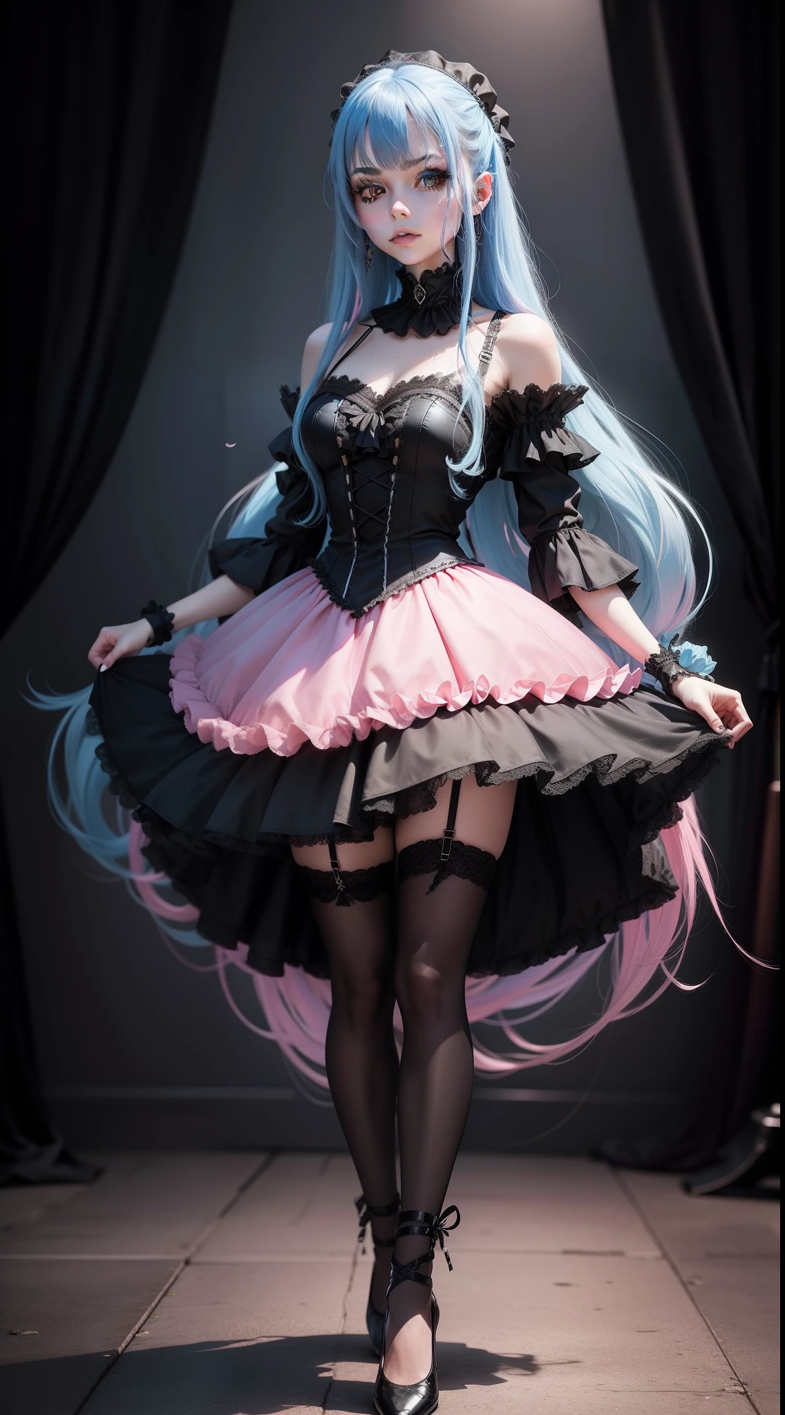 Emo girl with long blue hair and heavy black make-up in a fully pink ballerina outfit, full body