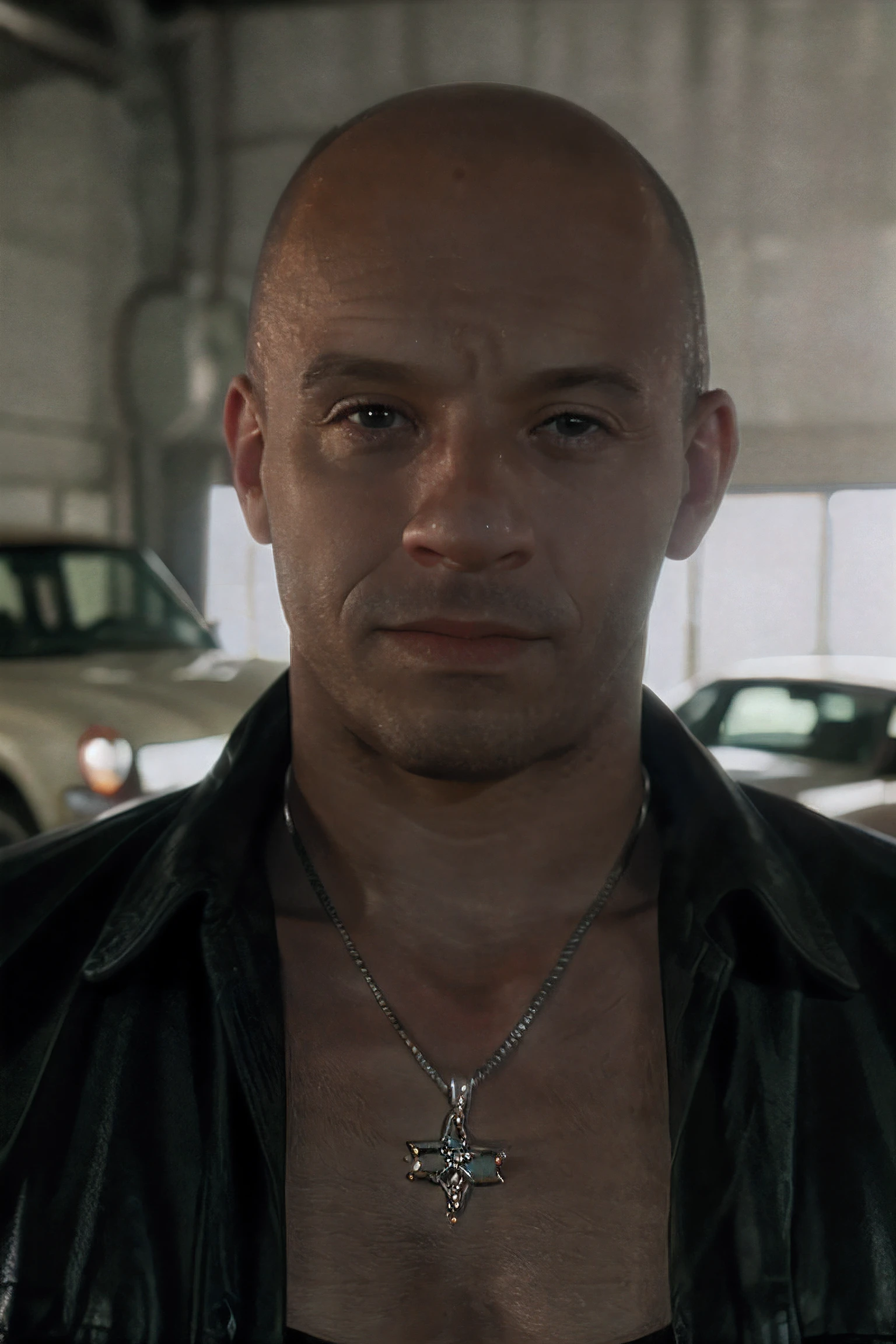cinematic film still cinematic photo t0r3t0 in a car repair shop, male focus, realistic, bald,necklace, looking at viewer, facial hair, jacket, . 35mm photograph, film, bokeh, professional, 4k, highly detailed . shallow depth of field, vignette, highly detailed, high budget Hollywood movie, bokeh, cinemascope, moody, epic, gorgeous, film grain, grainy