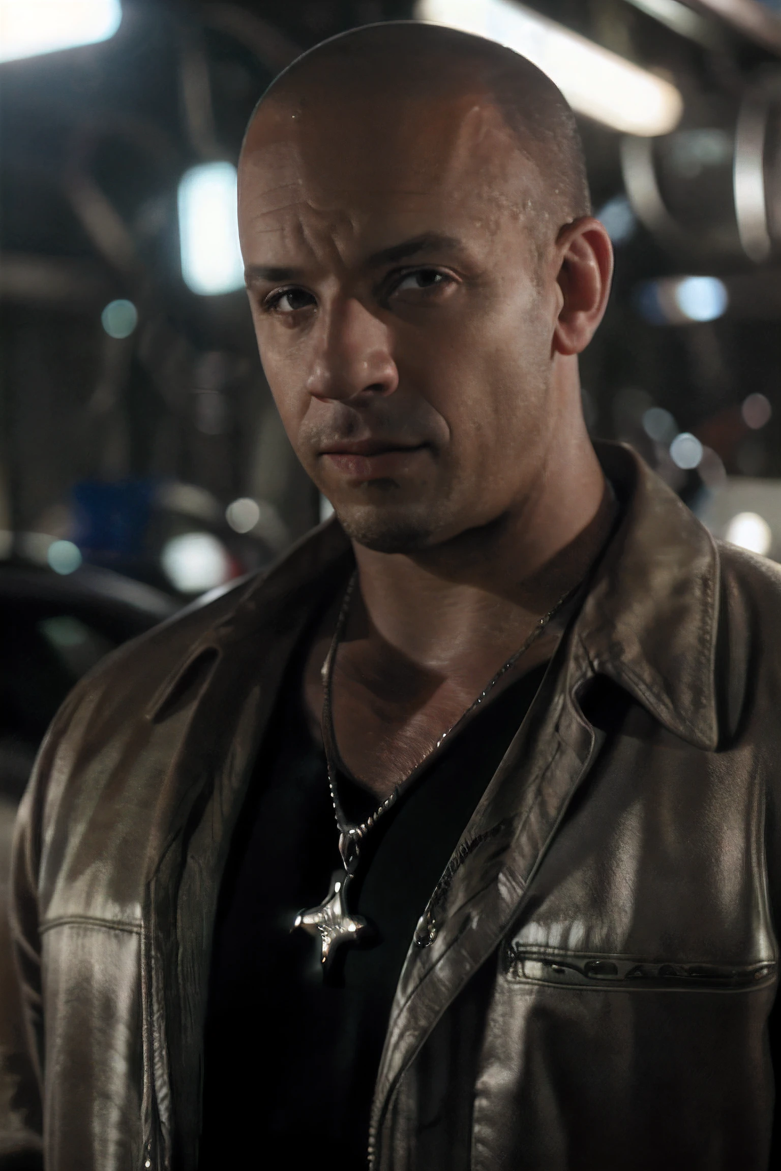 cinematic film still cinematic photo t0r3t0 in a car repair shop, male focus, realistic, bald,necklace, looking at viewer, facial hair, jacket, . 35mm photograph, film, bokeh, professional, 4k, highly detailed . shallow depth of field, vignette, highly detailed, high budget Hollywood movie, bokeh, cinemascope, moody, epic, gorgeous, film grain, grainy