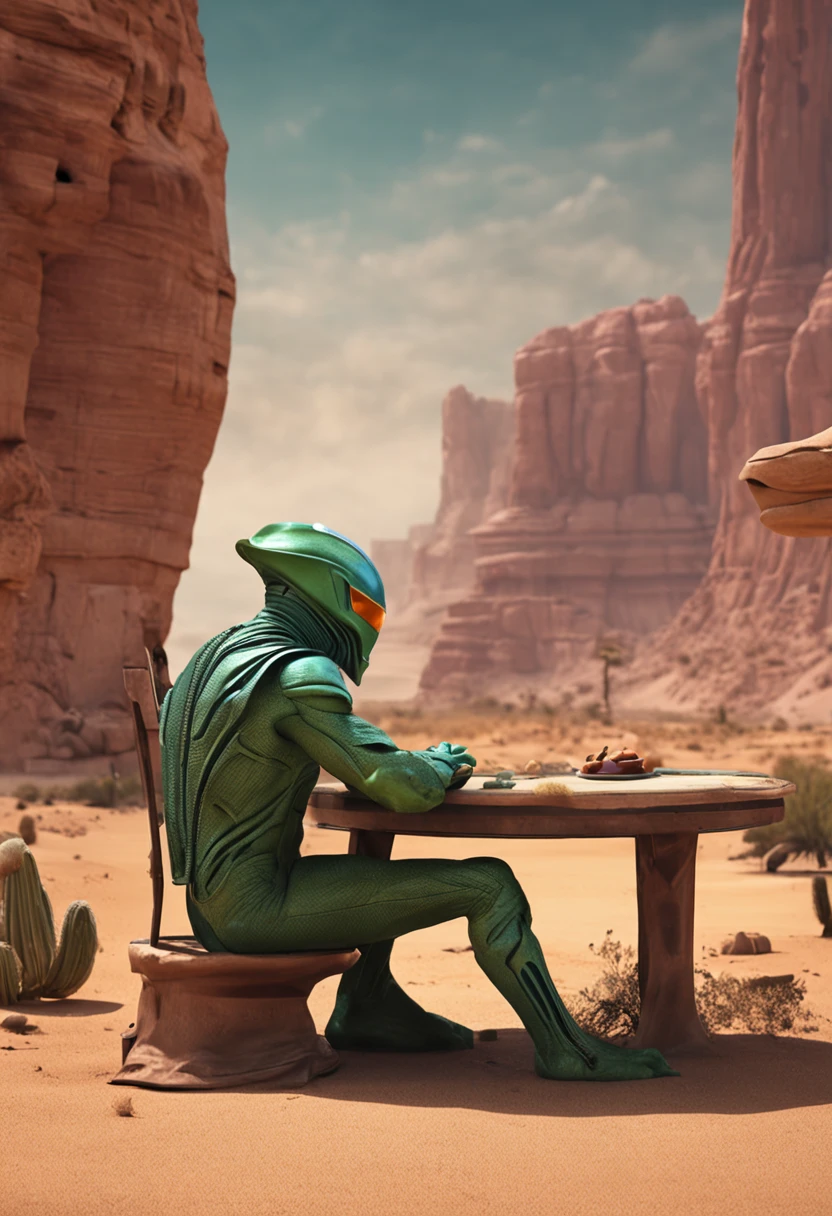 A man in a green alien suit sitting at a table in the desert