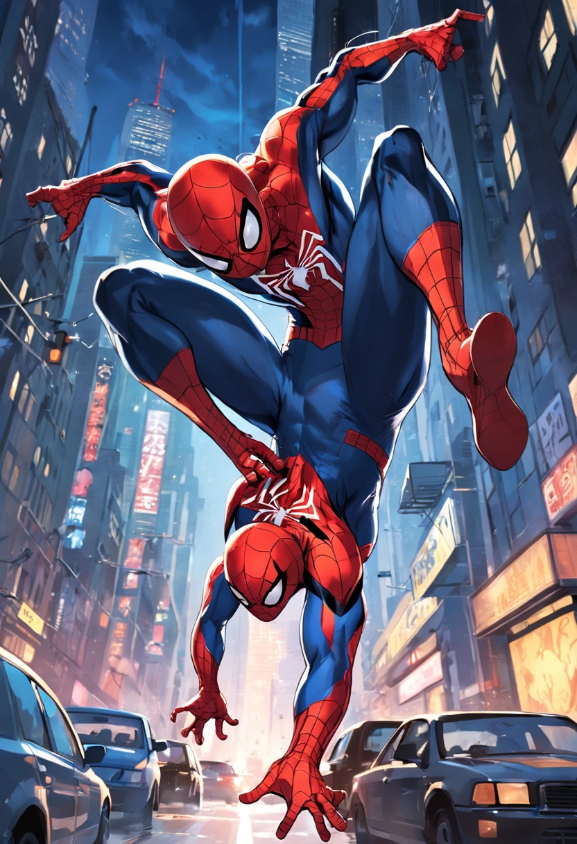 In a vibrant Spider-Man comic book, We can visualize an exciting scene of the hero in action. He's hanging by his webs among the skyscrapers of a bustling city. His red and blue suit stands out against the night sky, while his athletic and determined posture demonstrates his confidence and abilities. Spider-Man is in the middle of stopping a group of thugs trying to escape in a speeding car. Com sua agilidade sobre-humana, he swings from one building to the next, casting webs to dodge shots and achieve incredible speed. Seus sentidos aranha afiados ajudam a antecipar os movimentos dos criminosos. Spider-Man displays a perfect balance of strength, Agility and strategic intelligence, while deftly launching himself to intercept the vehicle. The scene overflows with action, Tension and emotion, captivating readers and leaving them eager to find out how the hero will solve this challenging situation. Make the scene in 60's style frames