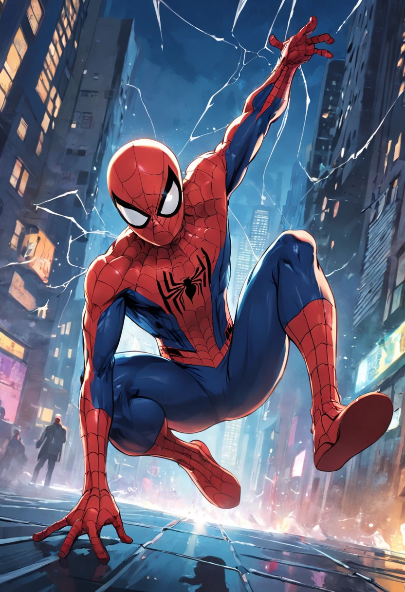 In a vibrant Spider-Man comic book, We can visualize an exciting scene of the hero in action. He's hanging by his webs among the skyscrapers of a bustling city. His red and blue suit stands out against the night sky, while his athletic and determined posture demonstrates his confidence and abilities. Spider-Man is in the middle of stopping a group of thugs trying to escape in a speeding car. Com sua agilidade sobre-humana, he swings from one building to the next, casting webs to dodge shots and achieve incredible speed. Seus sentidos aranha afiados ajudam a antecipar os movimentos dos criminosos. Spider-Man displays a perfect balance of strength, Agility and strategic intelligence, while deftly launching himself to intercept the vehicle. The scene overflows with action, Tension and emotion, captivating readers and leaving them eager to find out how the hero will solve this challenging situation. Make the scene in 60's style frames