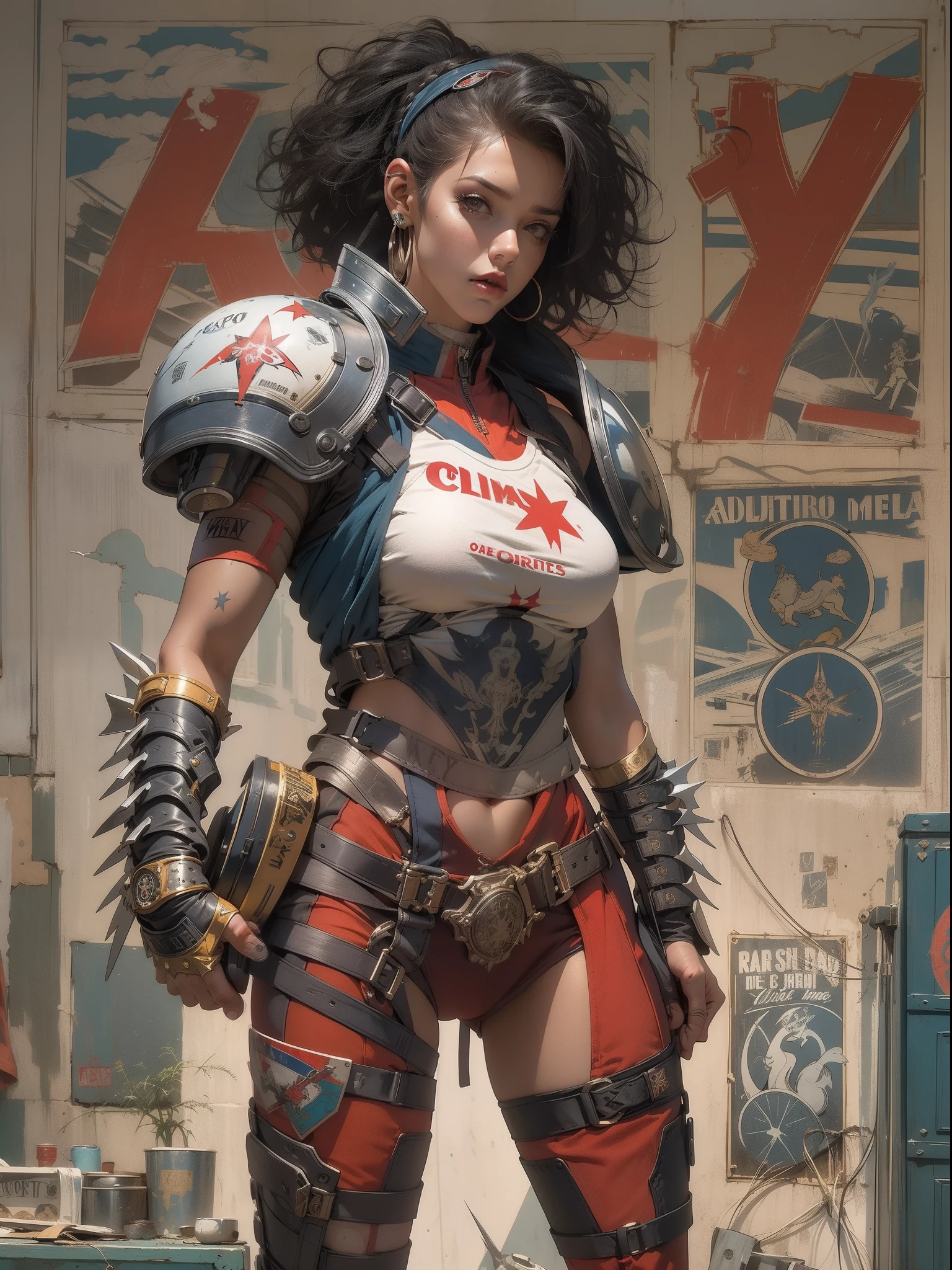 (((mulher))), (((melhor qualidade))), (((obra prima))), (((adulto))), (((1girl))), ((( corte de cabelo bob ))), ((( bonnet ))), Uma gladiadora cyberpunk mulher de 25 anos com corpo perfeito, shoulder pads with metal spines, Gladiadores do Brooklyn, (( corte de cabelo bob )), tiny leather panties, camiseta de time de rugby rasgada, quase nua no estilo selvagem urbano de Simon Bisley para a capa da revista Heavy Metal, Cabelo loiro curto, Minimum clothing, Metal protection on the left arm with intricate graphics, Dark red with white stars and white and navy blue checkerboard pattern, armadura, cheio de pontas e rebites, (((do joelho pra cima))), cabelos loiro branco curto, no fundo uma parede pintada por Shepard Fairey com um design intrincado