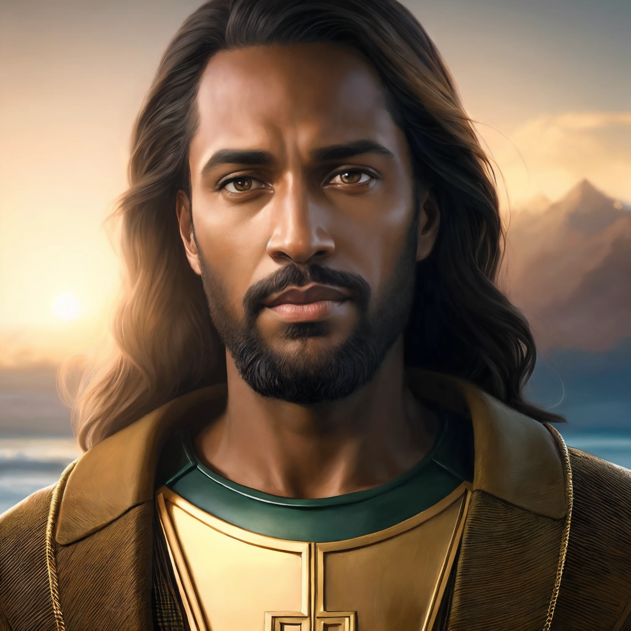 Homem de cabelos compridos e uma cruz no peito, brown skin man egyptian prince, Jesus Negro, inspirado em Christophe Vacher, inspirado em Carl Heinrich Bloch, prince of egypt, bonito impressionante realista, maximus jacobs, inspirado em Rajmund Kanelba, retrato masculino da fantasia, retrato detalhado do caractere, Greg Olsen, inspirado em Thomas Blackshear