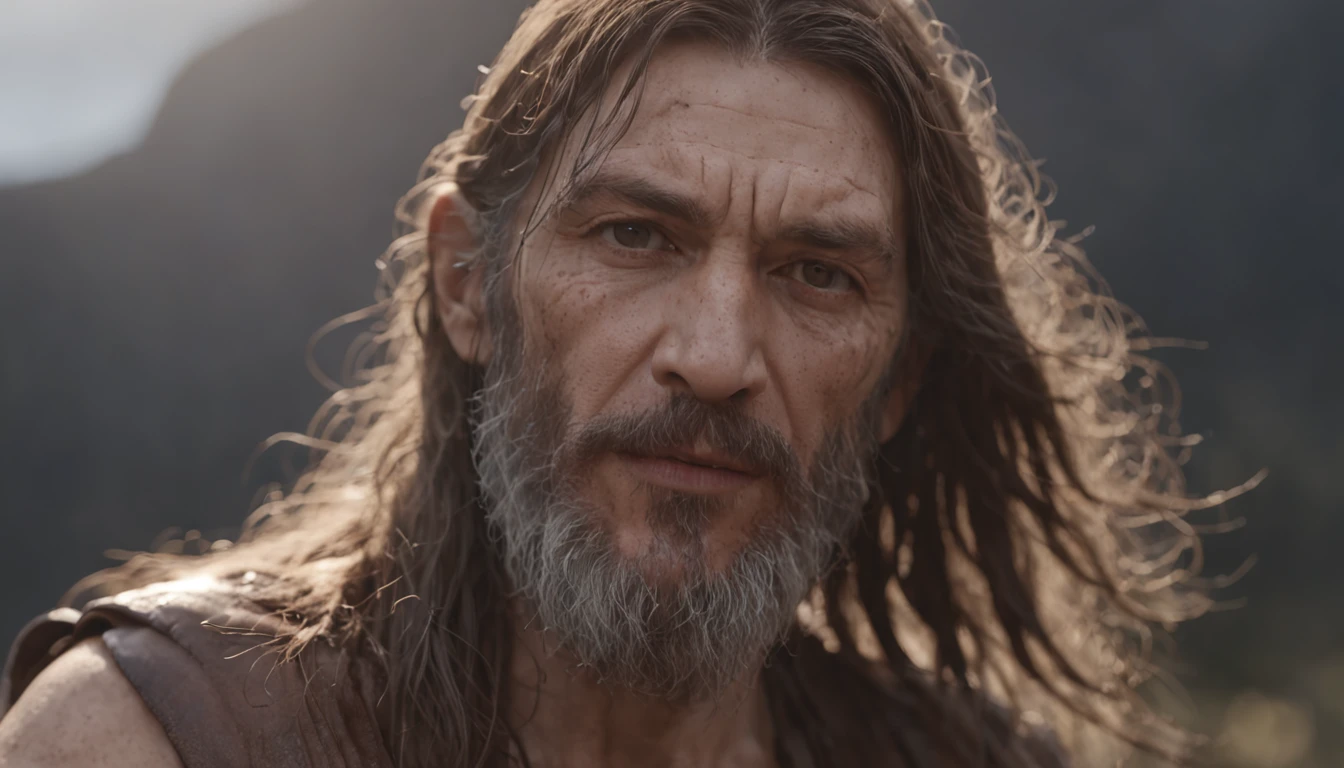 (Professional 3D rendering:1.3) de (Realistic:1.3) Foto de arte mais bonita do mundo,Features soft, bright biblical characters, ((epic man, hebreu, long hair long beard and fierce expression in dynamic pose, fantastic location, majestoso ambiente desordenado)), corpo inteiro 8k unidade render, action shot, poros da pele, very dark lighting, sombreamento pesado, circunstanciado, Rosto detalhado, (vibrante, fotogrdeia realista, Realistic, Dramatic, Escuro, foco nítido, 8k), (Old leather clothes damaged by bad weather:1.4), ((((Use peles)))), (intrincado:1.4), decadente, (altamente detalhado:1.4), pintura digital, rendering by octane, art stations, Conceito-Arte, liso, foco nítido, illustration, germe da arte, (Loish:0.23), Wlop Ilya Kuvshinov, e Greg Rutkowski e Alphonse Mucha Gracias, (global ilumination, studiolight, Light Volumetric), chuva forte, floating particles, patife, fantasia, Onze, corpo inteiroesbian, ((Fundo escuro e antigo da cidade:1.3)),CGSesociedade,art stations