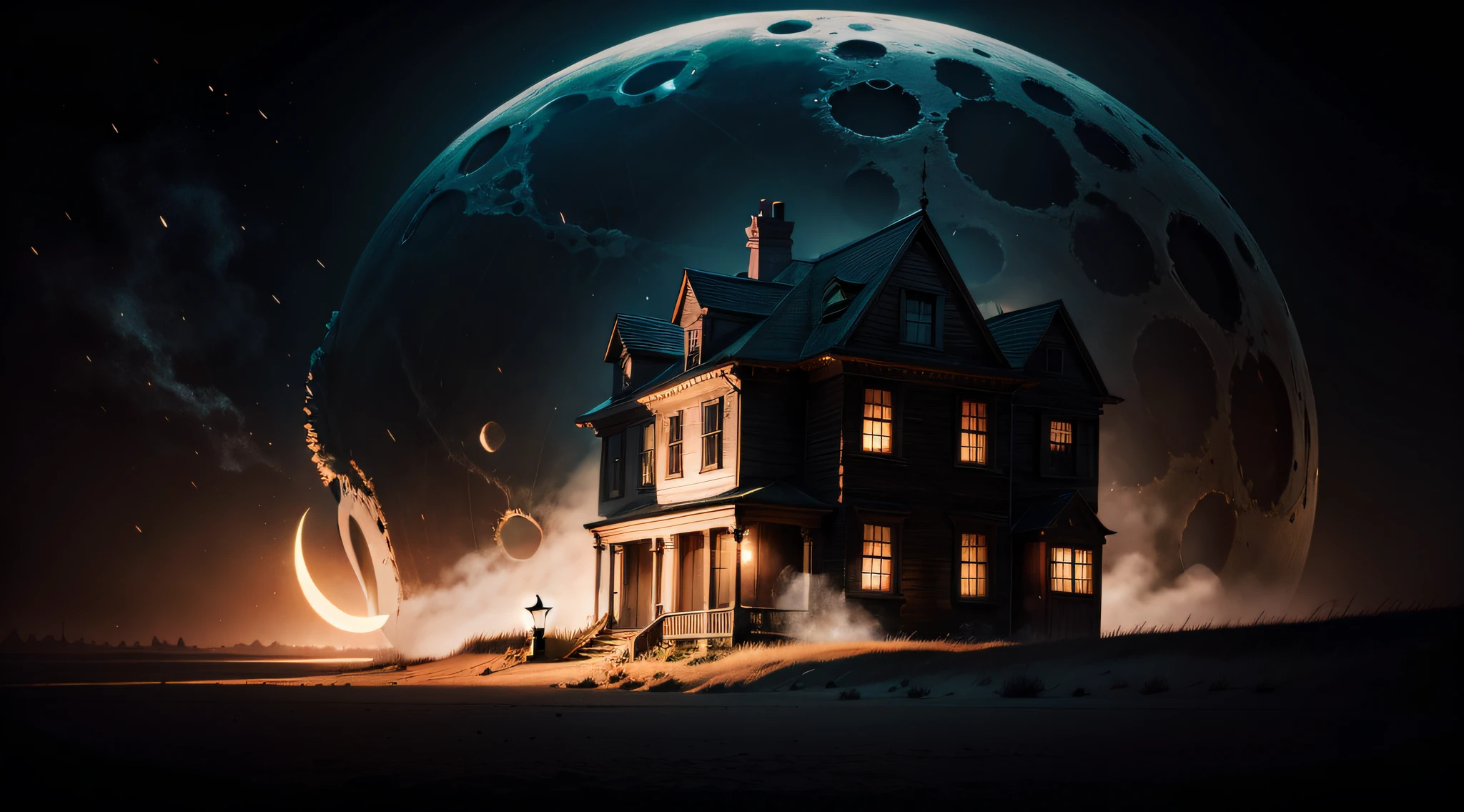 HUNTED HOUSE, MOON, HORROR IMAGE AND SUSPENSE, IMAGE VERY REALISTIC
