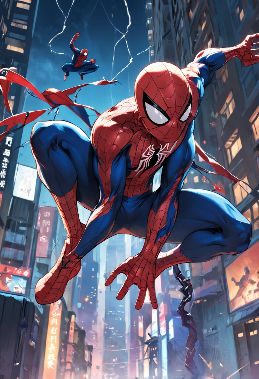 In a vibrant Spider-Man comic book, We can visualize an exciting scene of the hero in action. He's hanging by his webs among the skyscrapers of a bustling city. His red and blue suit stands out against the night sky, while his athletic and determined posture demonstrates his confidence and abilities. Spider-Man is in the middle of stopping a group of thugs trying to escape in a speeding car. Com sua agilidade sobre-humana, he swings from one building to the next, casting webs to dodge shots and achieve incredible speed. Seus sentidos aranha afiados ajudam a antecipar os movimentos dos criminosos. Spider-Man displays a perfect balance of strength, Agility and strategic intelligence, while deftly launching himself to intercept the vehicle. The scene overflows with action, Tension and emotion, captivating readers and leaving them eager to find out how the hero will solve this challenging situation. Make the scene in comics style 60s.