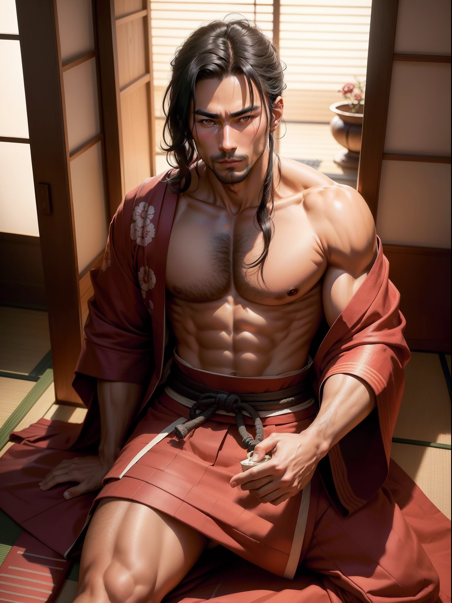 1 half-naked samurai, Male 30 years old, Sitting in a Japanese house, on the tatami, drinks sake, (appearance: swarthy dark-haired, Brown attentive eyes, without a beard, beatiful face), Masterpiece, ultradetail, hyper realisitc, Against the backdrop of an open Japanese door