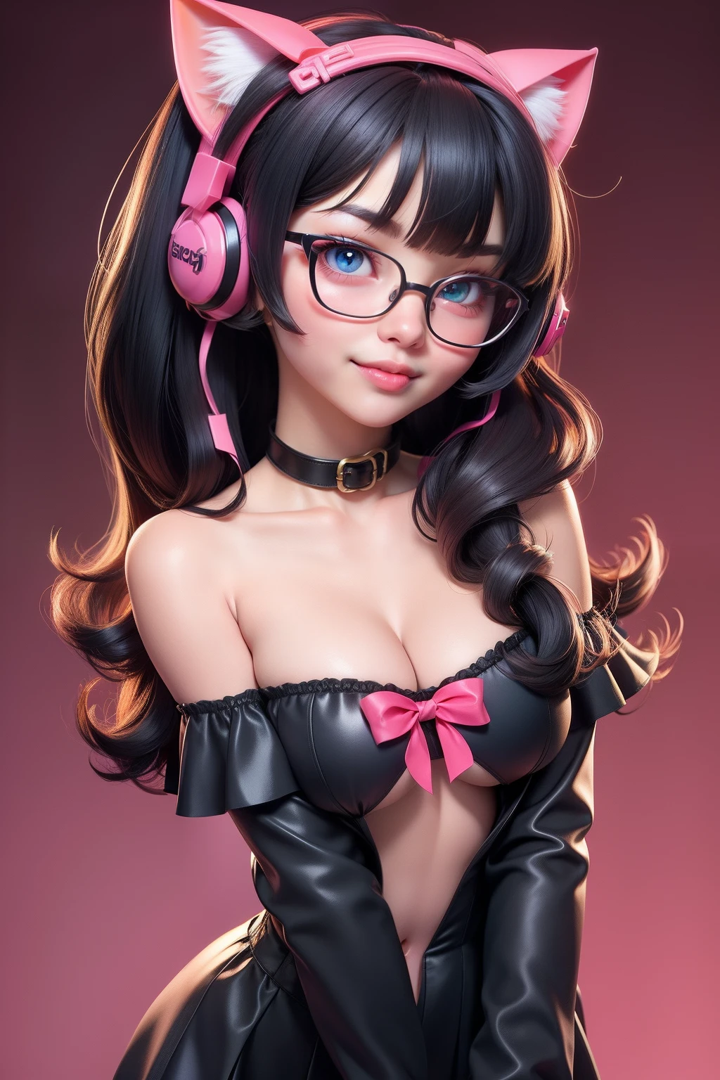 1girl, cute japanese girl, big eyes, sexy face, seductive smile, solo, stylist long hair, bangs, see through, hot erotic dress, sexy school uniform, navel, neon aqua eyes, double eyelids, pink perfect areolae, wear gamer headset, cat ears headset, sexy gamer girl, collar, collarbone, red sensual lips, off shoulder, natural small breast, flat chest, cleavage, show her underboobs, erotic, nsfw, glasses, blush, seductive smile, cute face, looking at viewer, sexy pose, bright green flat background, dark black hair, simple background, sexy pose, lips, closed mouth, ribbon, hair ribbon, stellar earings, bangs, upper body, parted bangs, red ribbon