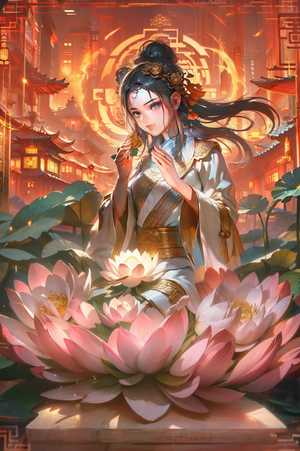 (Chinese immortals), (Buddhism), Multip_Hands,(mythological stories), (bodhisattva), She sits on a lotus, (Three hands on the left,Three hands on the right, Each hand holds a different Buddhist vessel, left right symmetry),(Delicate and beautiful face), (White silk robe)sitting on a lotus flower, Frontal photo,Light smile, neo-classical, OP Art, Chiaroscuro, Cinematic lighting, god light, Ray tracing, character sheets, projected inset, first person perspective, hyper HD, Masterpiece, ccurate, Textured skin, Super detail, High details, High quality, Award-Awarded, Best quality, A high resolution, 8K