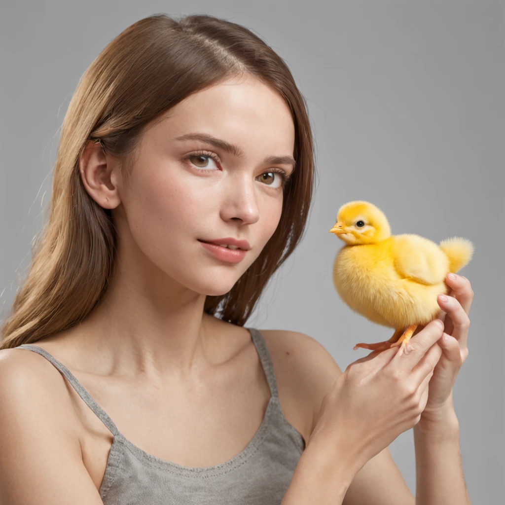 Por favor, crie uma imagem que retrate uma cena dentro de um quarto bem iluminado, where a young woman of 20 years is gently holding a small yellow chick in her hand, with an expression of extreme surprise on his face. The image should be of ultra-high quality (8k) para capturar todos os detalhes e ser uma verdadeira obra-prima (1.2 of artistic quality). The representation should be realistic and photo-realistic (1.37) para dar vida aos elementos, enfatizando o tamanho pequeno e a cor amarela vibrante do pintinho. I want the image to be ultra-detailed to highlight each feature.

Na cena, The young woman will be standing in the room, with an expression of genuine surprise as he holds the adorable yellow chick in his hand. The soft and diffuse lighting in the room will enhance both the woman and the chick. I would like the atmosphere to convey a sense of wonder and excitement.

The young woman will have a realistic representation, with detailed facial features that express their surprise. Your eyes will be wide open and expressive, conveying the emotion she's feeling as she holds the little chick. She will wear comfortable clothes suitable for the home environment. Your hair will be short and stylized in a subtle way. The representation of the young woman will be full-body, emphasizing every detail in a natural and artistic way."