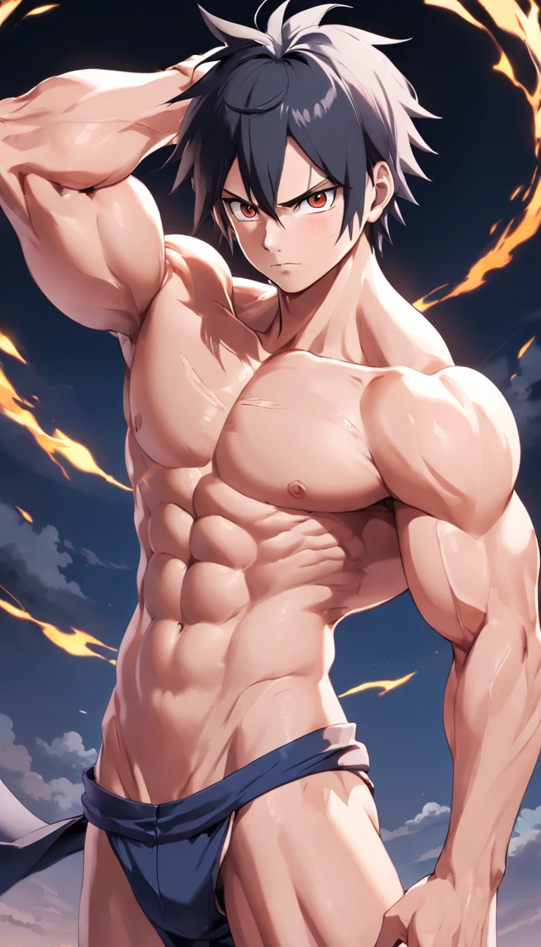 TAN BOY. Estilo Naruto Shippuden, Rosto do Sasuke Uchiha, Standing in front, (((((frente))))) Full-body volumetric lighting, muscles highlighted by light, jovem, (rosto jovem), aesthetic body (boa anatomia) Brazilian facial features, Cabelos pretos, cabelos movidos pelo vento, esclera branca, olhos vermelhos (Olhos detalhados) olhos grandes, ((olhos vermelhos)), sobrancelhas finas, Rosto de adolescente, pixiv mais votado, rosto jovem, dia ensolarado, few clouds in the sky, bulge in crotch. fisiculturista, Exaggerated muscular physique, bodybuilder physique, exaggerated physique, massive muscles, Bowed muscles;, fisiculturista, Muscular construction, big physique, largo, largo e forte |, musculoso , musculoso, extreme muscles, absurdly massive physique, perfect muscular construction, corpo musculoso, corpos musculosoes. Do not wear any adornment, como um colar, cachecol ou gargantilha