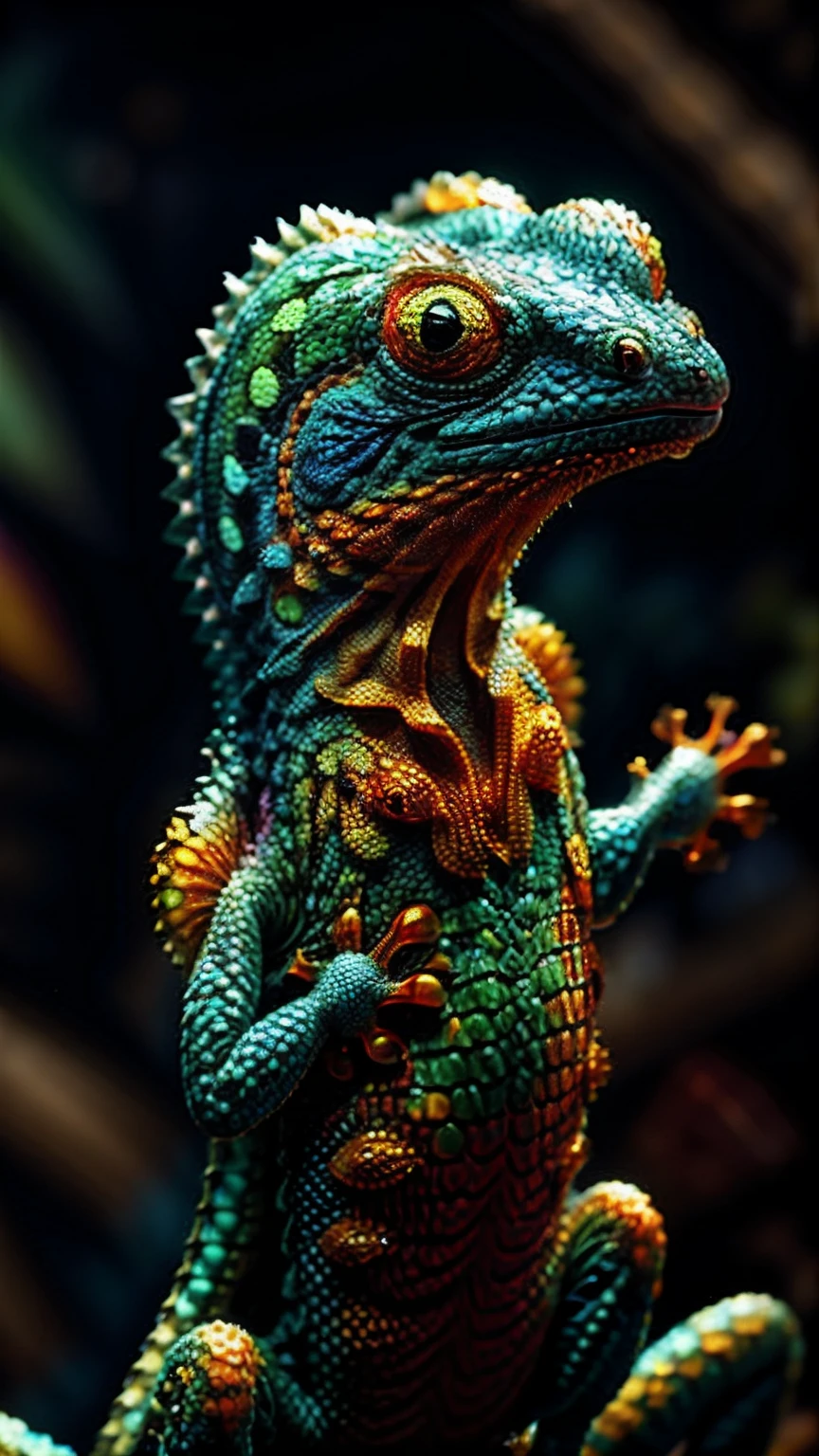 Colorful gecko, corrosive enveloping ray family, 8k, ureal ar 23v4 uplight