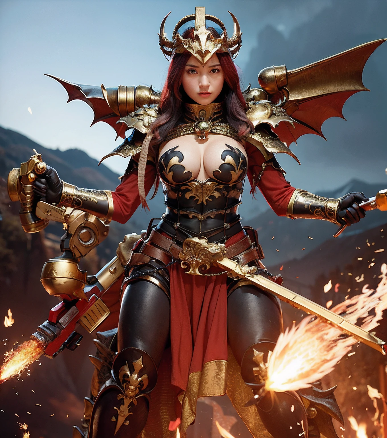 Professional , masterpiece、top-quality、photos realistic , depth of fields (Dragon Black Metal Body:1.9),(Matte Black、(cleavage of the breast)、(Fight dragons)、(Shout with your mouth wide open)、Dragon Gold Weapon、(bikini-armor),Gorgeous gold weapons ,(( Dragon's dense and gorgeous sword)) 、((Red hair))、(Cliff background)、The dragon、((Gangle's forest background))、Beautiful Caucasian beauty、(1a person)、dynamic ungle,(((Detailed and ornate dragon helmet)))、Smaller head、Strange smile、Castle background、Thin and beautiful female hands、cleavage of the breast、Soldier in iron armor on background、Mystical expression、Light Effects、intense fighting、Wind-effect、magic circles、With the legendary magic wand、(demonic wings)、
